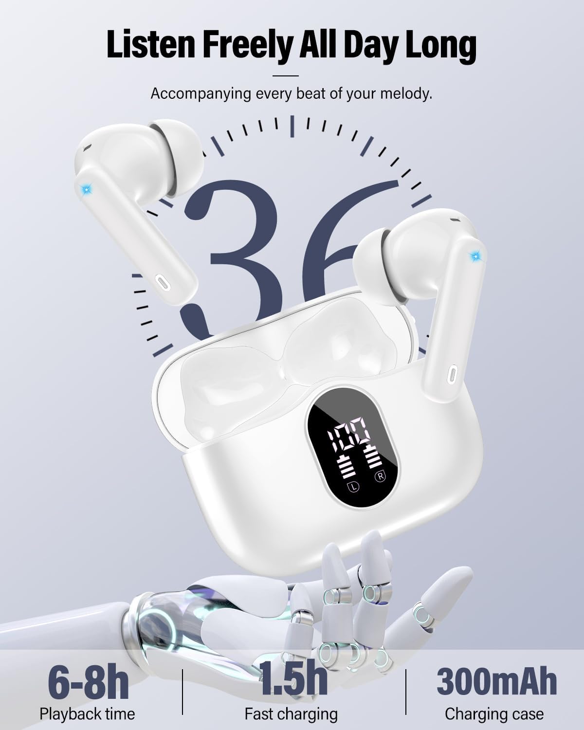 wireless earbuds, bluetooth 5.4 headphones bass stereo, ear buds with noise cancelling mic, ip7 waterproof in ear earphones, 36h led display bluetooth earbuds for laptop pad phones sports, white