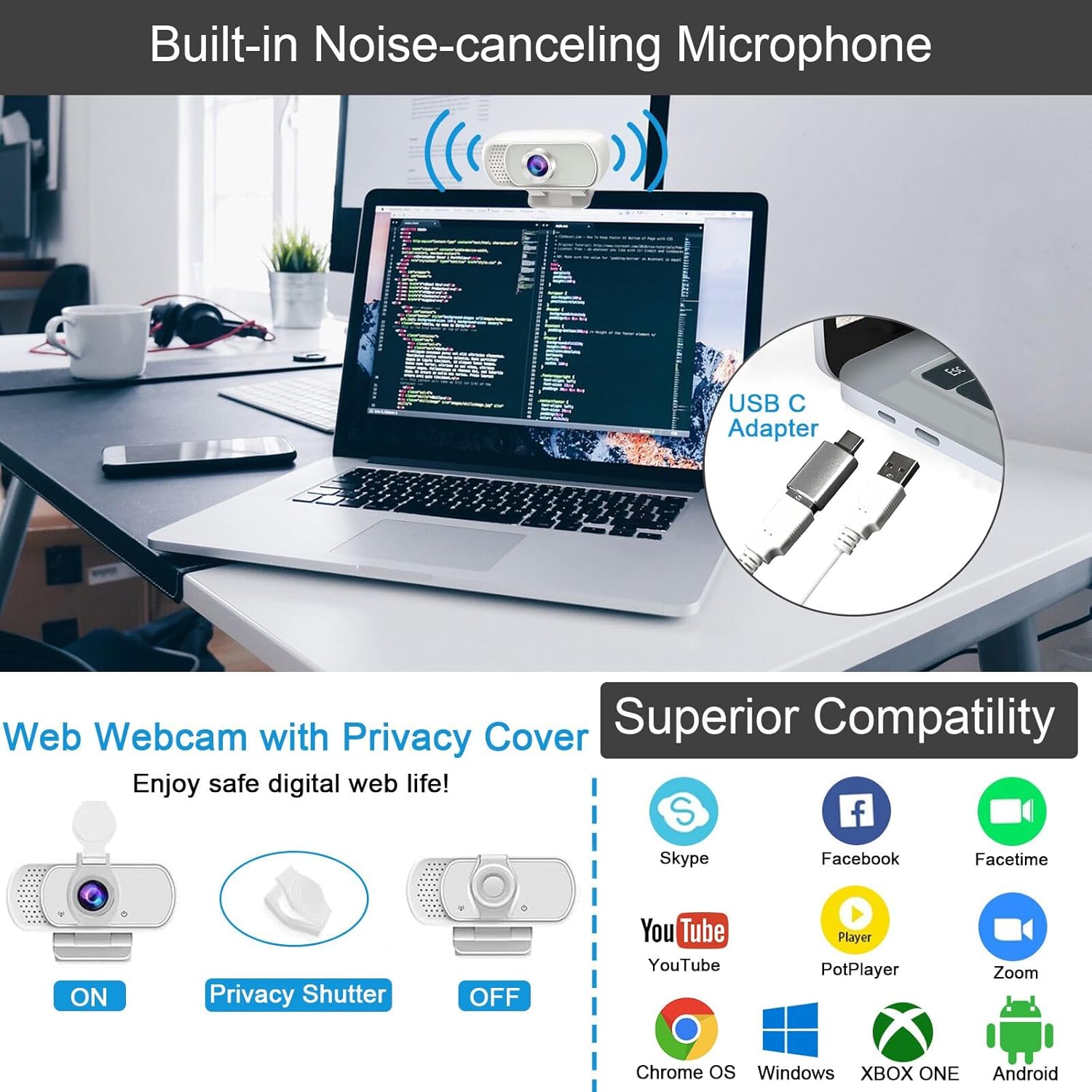 generic gohzq 1080p webcam streaming camera webcam for pc with built in microphone & privacy cover tripod & usb c adapter for twitch/zoom/skype/teams etc, conferencing and video calling, white