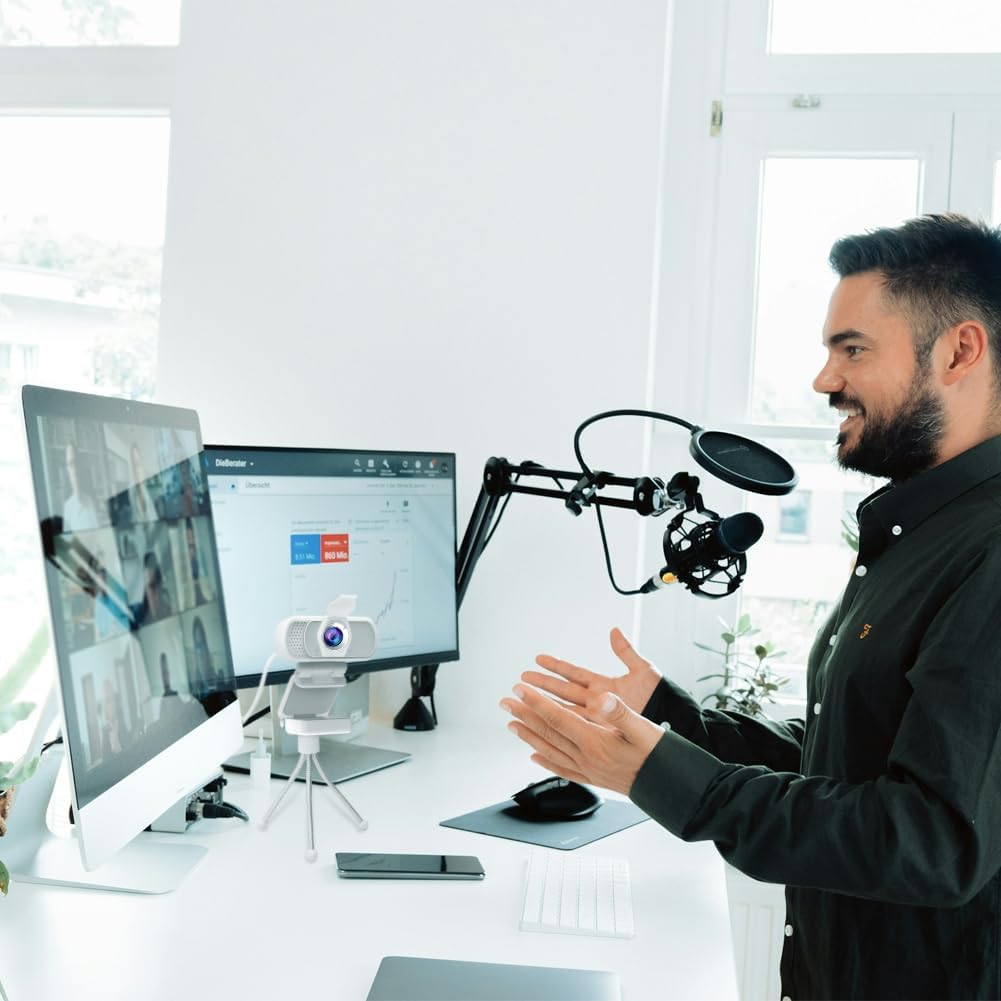 generic gohzq 1080p webcam streaming camera webcam for pc with built in microphone & privacy cover tripod & usb c adapter for twitch/zoom/skype/teams etc, conferencing and video calling, white