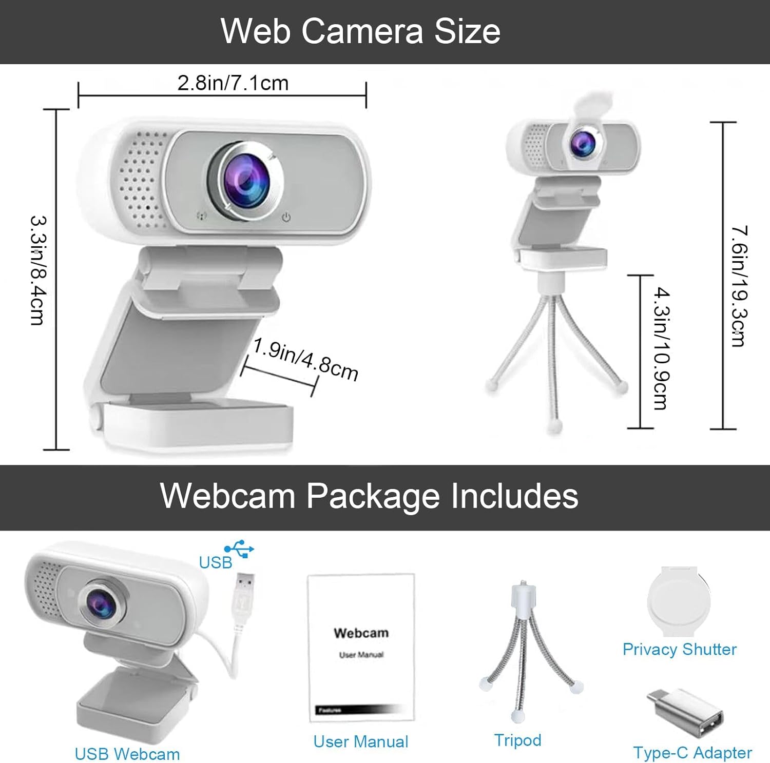 generic gohzq 1080p webcam streaming camera webcam for pc with built in microphone & privacy cover tripod & usb c adapter for twitch/zoom/skype/teams etc, conferencing and video calling, white