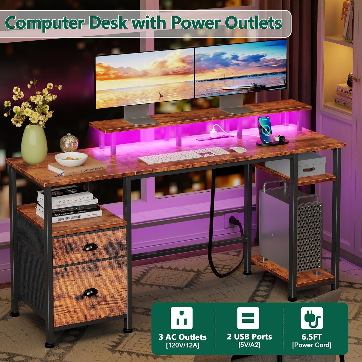 furologee 61" computer desk with power outlet and led lights, desk with fabric file cabinet drawer, large reversible table with shelves and monitor stand, writing study table for home office
