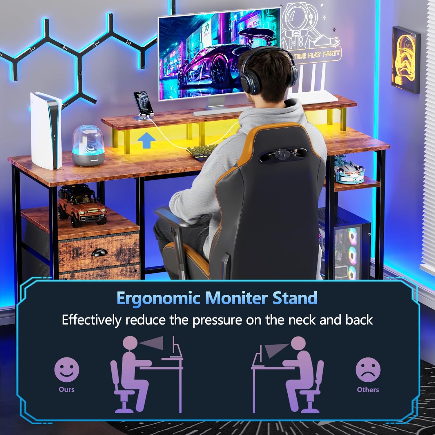 furologee 61" computer desk with power outlet and led lights, desk with fabric file cabinet drawer, large reversible table with shelves and monitor stand, writing study table for home office