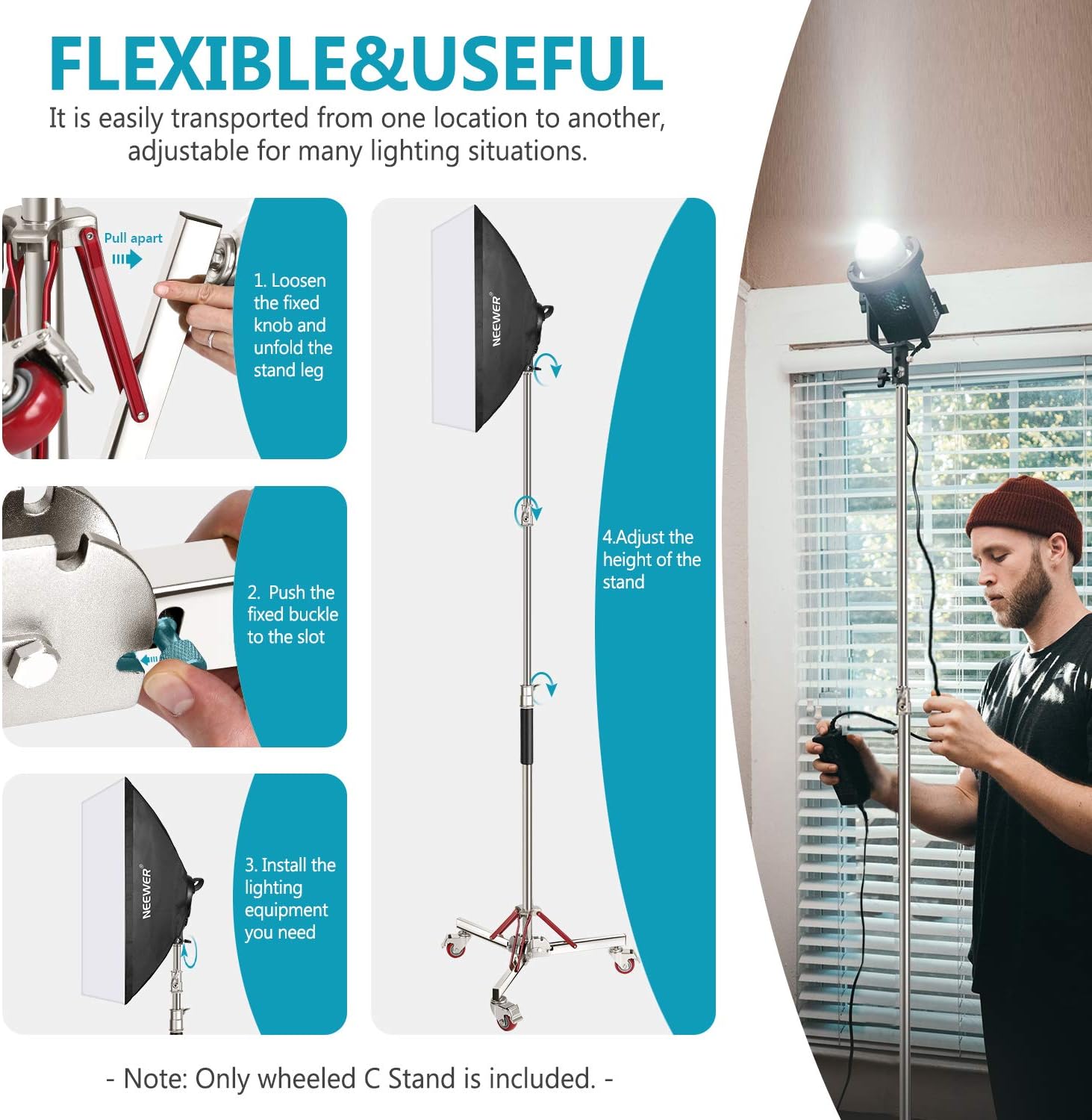 neewer heavy duty light stand with casters, adjustable tripod stand with 100% stainless steel, photography wheeled base stand for studio softbox, monolight, reflector, max height: 10ft/305cm