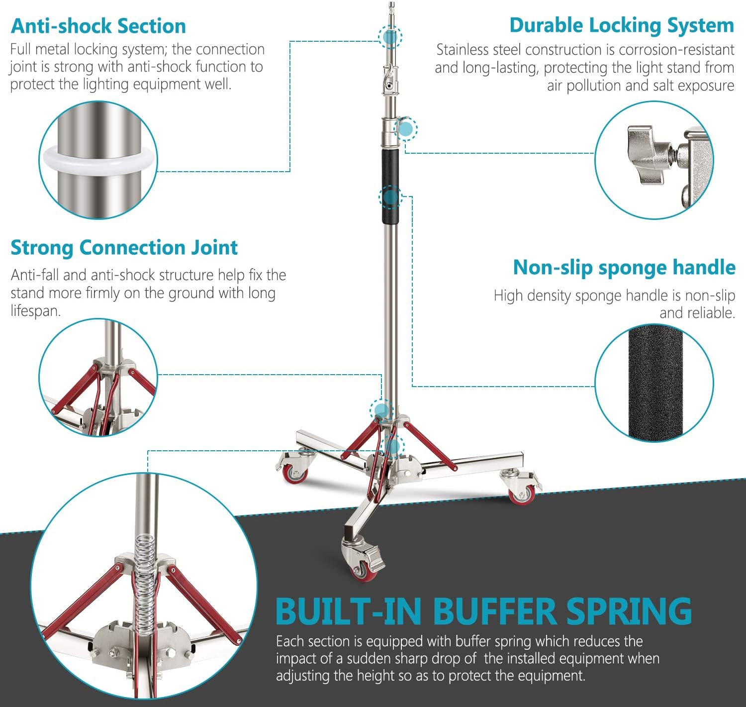 neewer heavy duty light stand with casters, adjustable tripod stand with 100% stainless steel, photography wheeled base stand for studio softbox, monolight, reflector, max height: 10ft/305cm