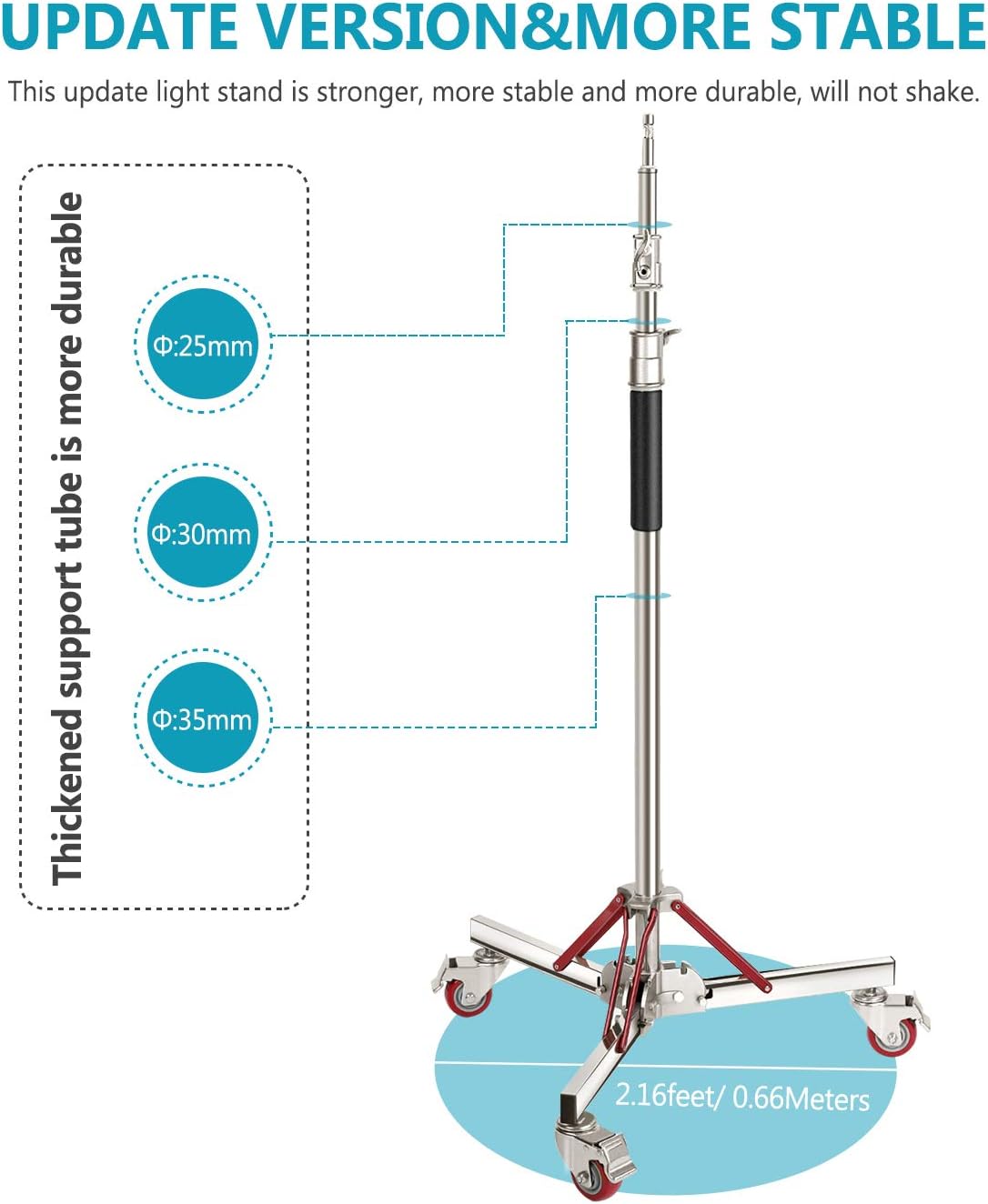 neewer heavy duty light stand with casters, adjustable tripod stand with 100% stainless steel, photography wheeled base stand for studio softbox, monolight, reflector, max height: 10ft/305cm