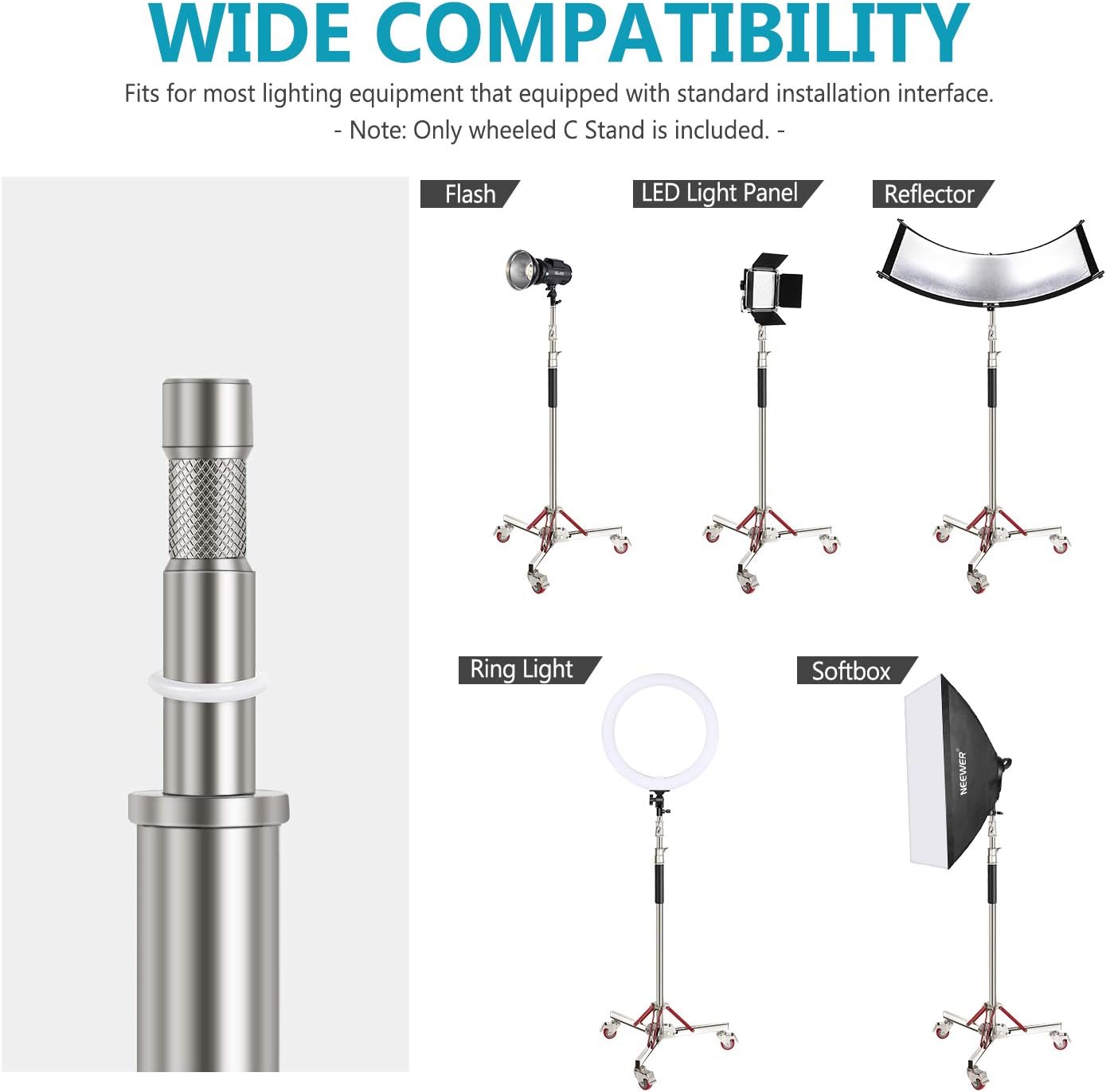 neewer heavy duty light stand with casters, adjustable tripod stand with 100% stainless steel, photography wheeled base stand for studio softbox, monolight, reflector, max height: 10ft/305cm