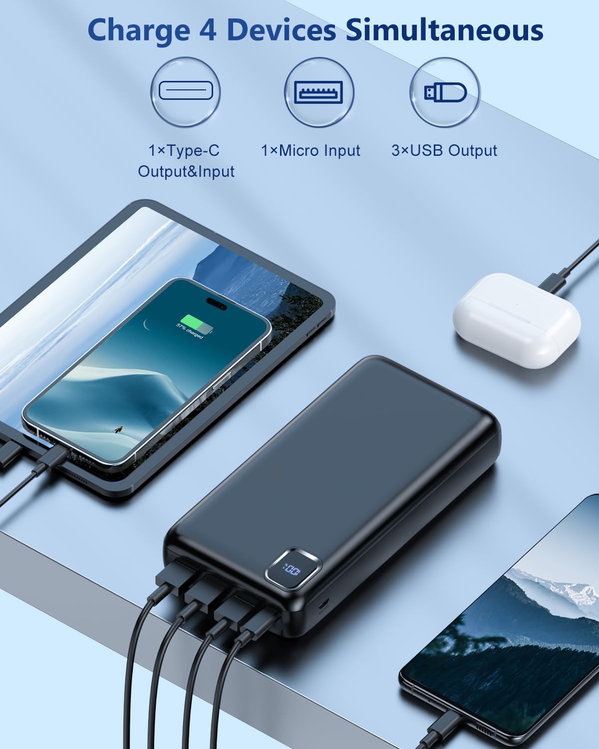 portable charger power bank 50000mah powerbank pd 30w and qc 4.0 fast charging external battery pack with usb c led 4 outputs & 2 inputs portable charging for iphone 15 14 13 pro, samsung