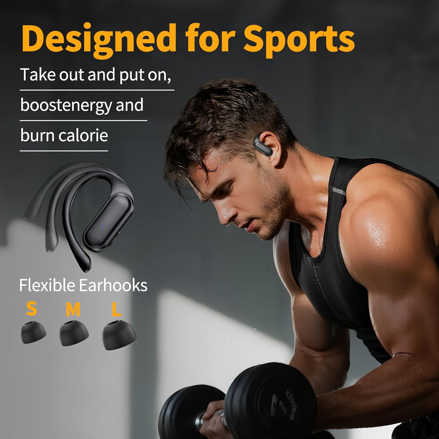 wireless earbuds,bluetooth headphones 80hrs play back sport earphones with led display over ear buds with earhooks built in mic ipx7 waterproof headset for workout grey black