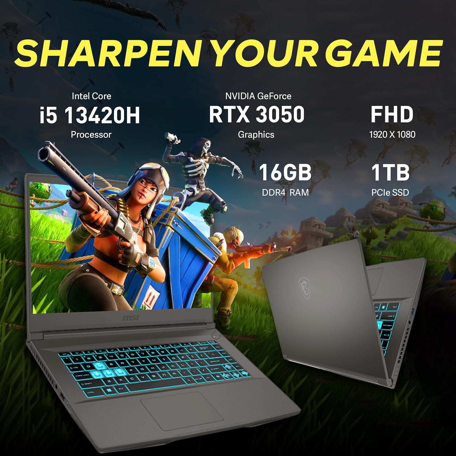 msi thin 15.6" 144hz fhd ips display gaming laptop, intel core i5 13420h, 16gb ram, 1tb ssd, nvidia geforce rtx 3050, backlit keyboard, wi fi 6, win 11 home, gray, 512gb docking station set