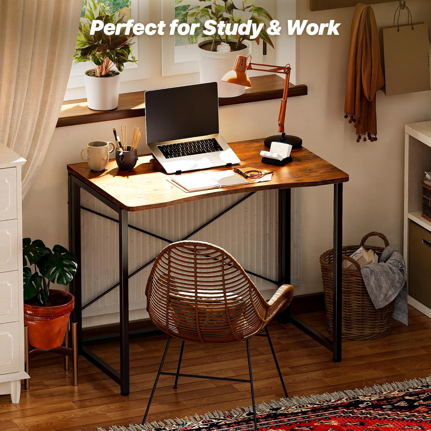 huuger folding desk for small spaces, 31.5 inch foldable computer table, for home office, study, bedroom, dorm, space saving, small writing work office computer desk, easy to fold, rustic brown
