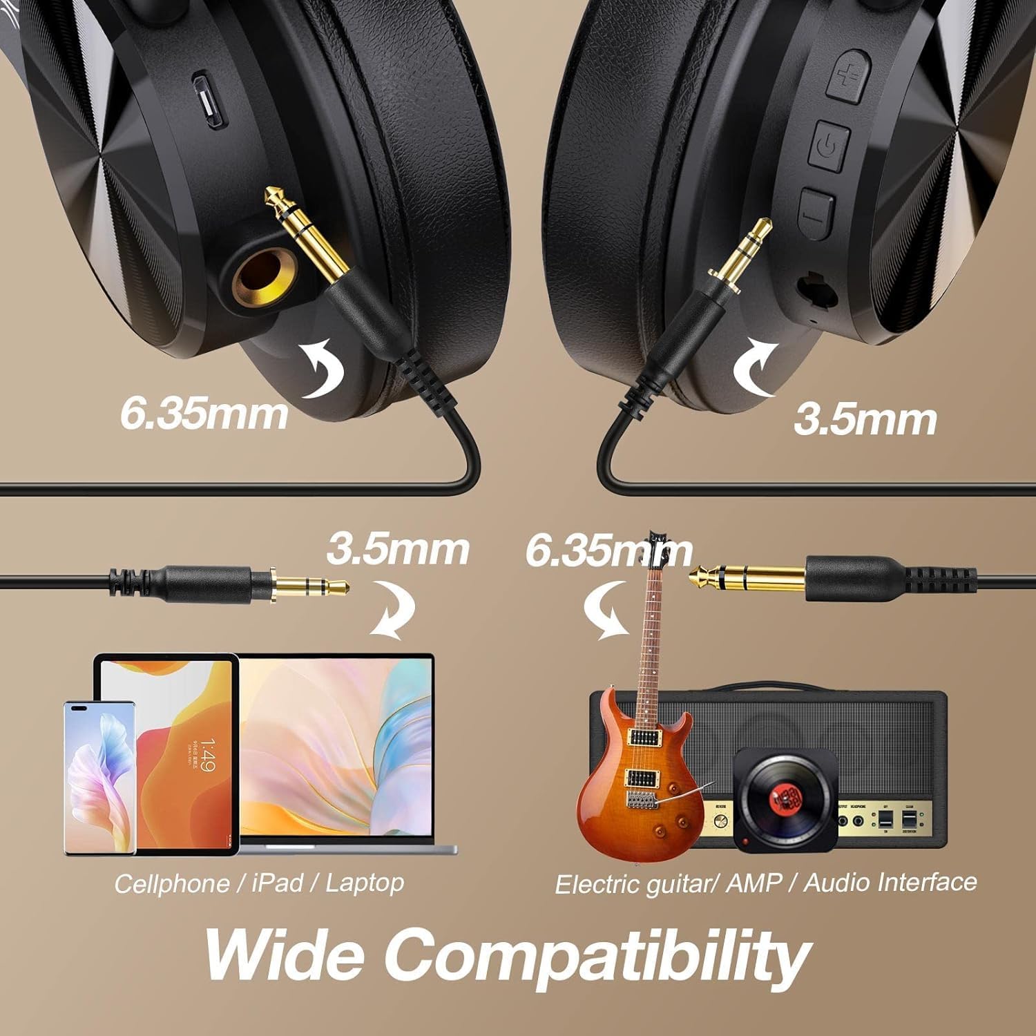 oneodio a70 bluetooth over ear headphones, wireless headphones with 72h playtime, hi res, built in mic, 3.5mm/6.35mm wired audio jack for studio monitor & mixing dj guitar amp, computer laptop pc