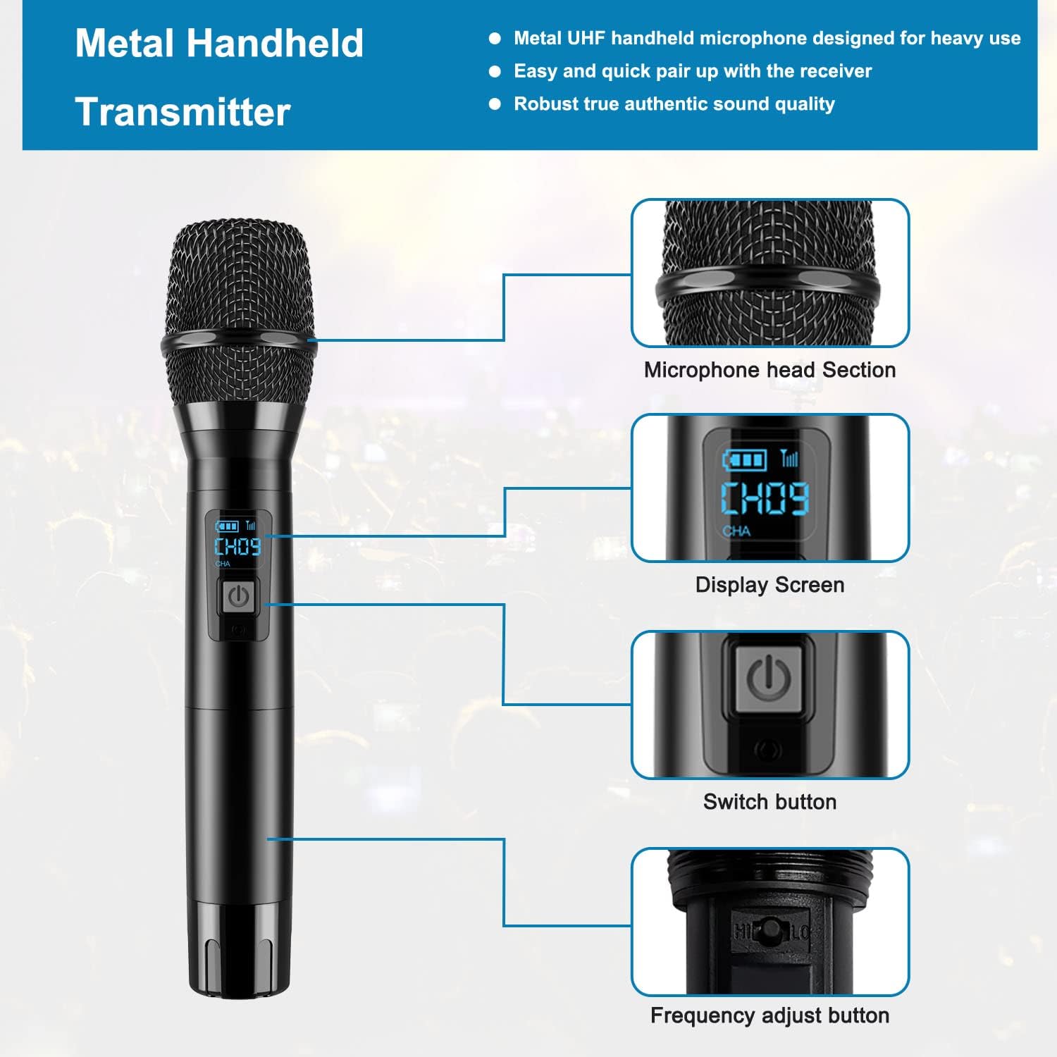 vegue wireless microphone, metal dual professional uhf cordless dynamic mic handheld microphone system for home karaoke party, meeting, church, dj, wedding, home ktv set