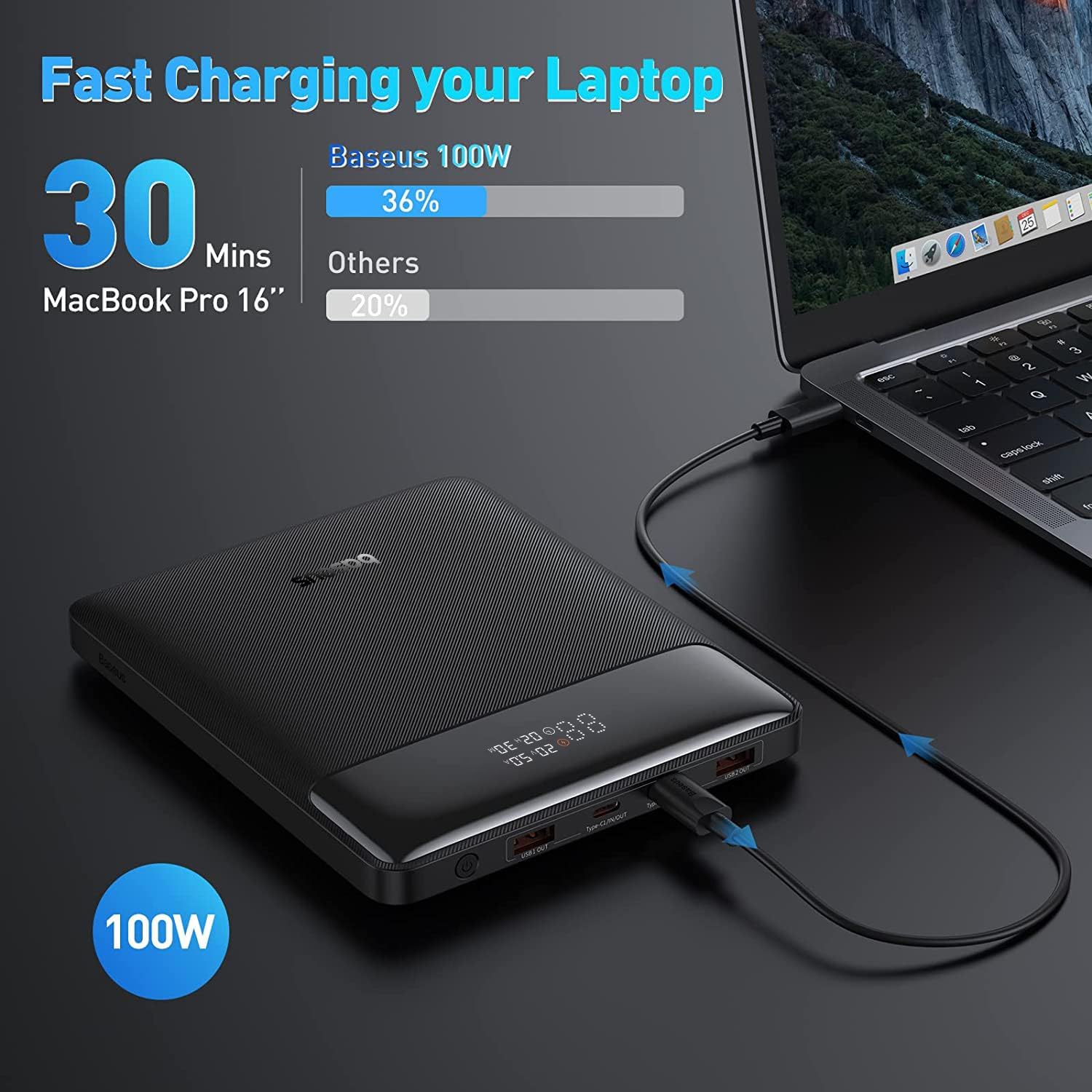 baseus laptop power bank, 100w blade usb c portable charger, super fast charging 20000mah slim battery pack for laptop, macbook air, dell, ipad, hp, iphone, samsung galaxy, switch, steam deck