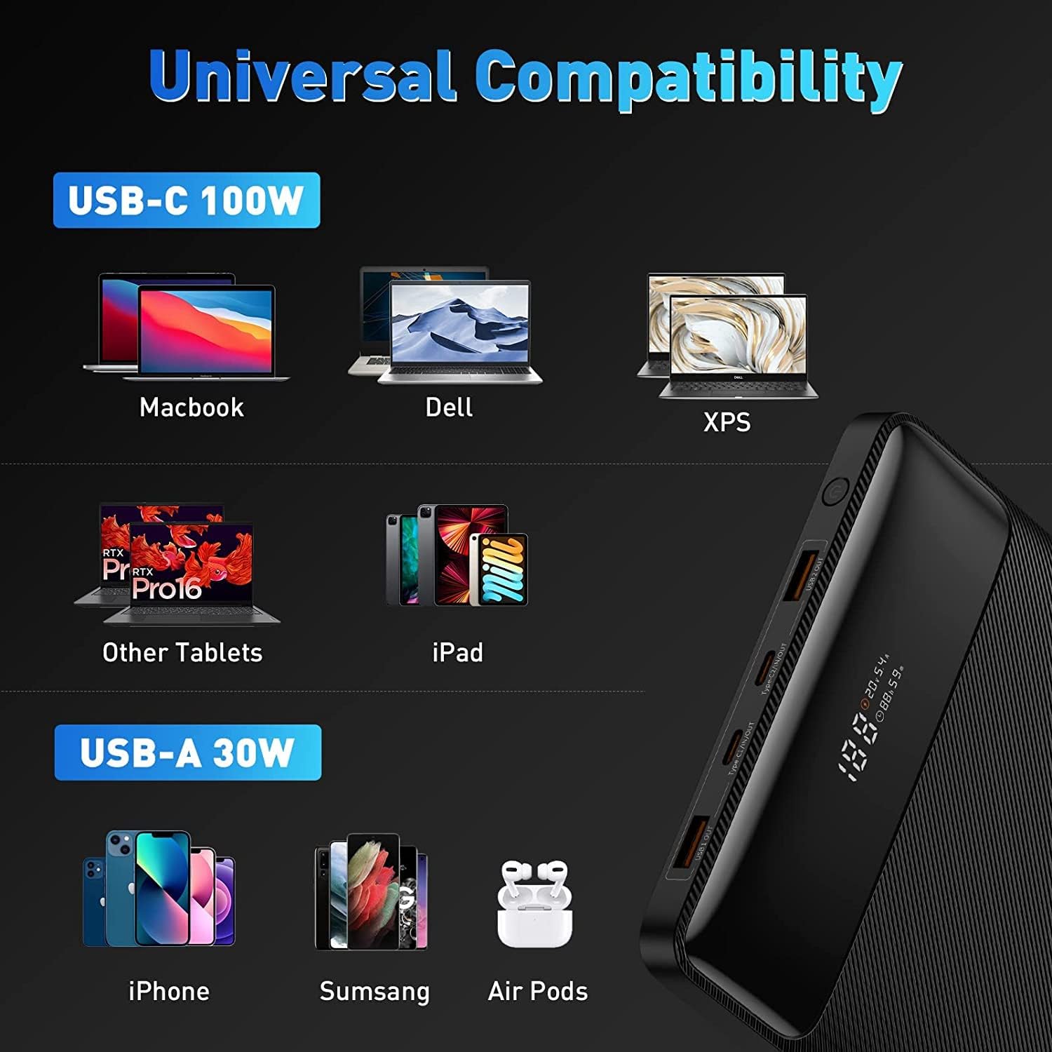 baseus laptop power bank, 100w blade usb c portable charger, super fast charging 20000mah slim battery pack for laptop, macbook air, dell, ipad, hp, iphone, samsung galaxy, switch, steam deck