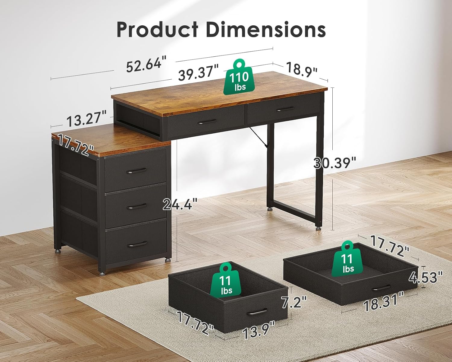 odk computer desk with 5 drawers, 53 inch office desk with printer shelf, reversible work desk for home office, writing table desk with headphone hook for storage, rustic brown