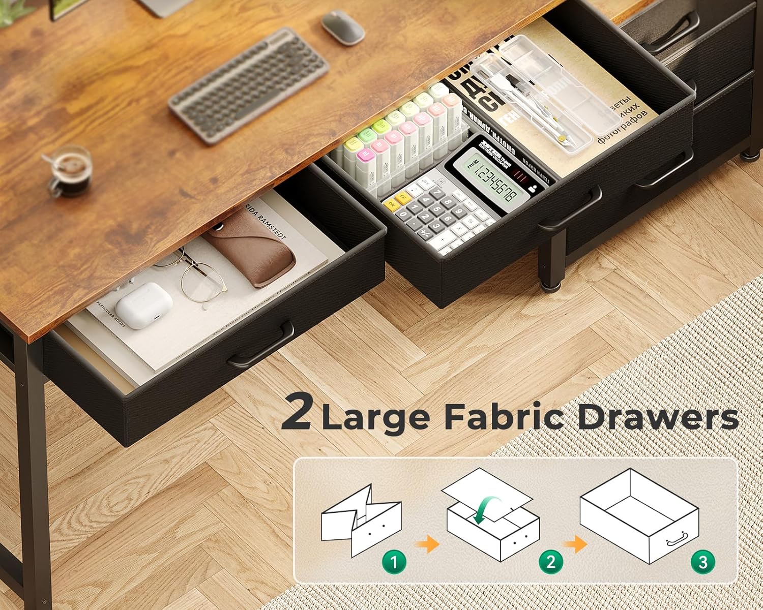 odk computer desk with 5 drawers, 53 inch office desk with printer shelf, reversible work desk for home office, writing table desk with headphone hook for storage, rustic brown