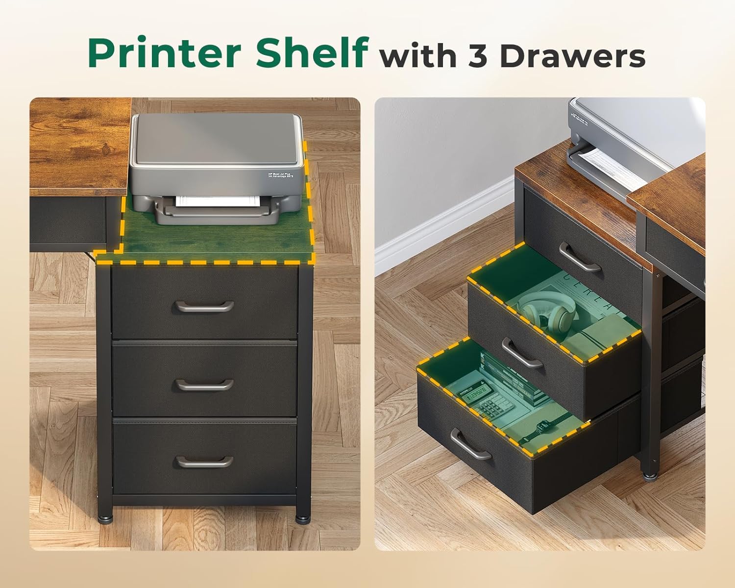 odk computer desk with 5 drawers, 53 inch office desk with printer shelf, reversible work desk for home office, writing table desk with headphone hook for storage, rustic brown