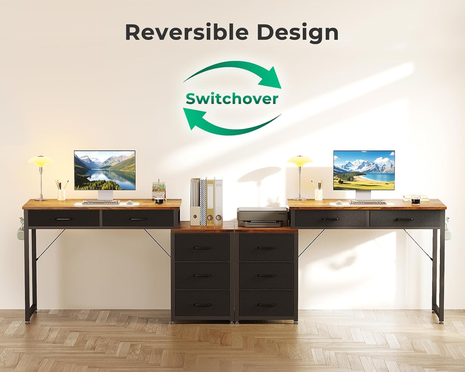 odk computer desk with 5 drawers, 53 inch office desk with printer shelf, reversible work desk for home office, writing table desk with headphone hook for storage, rustic brown