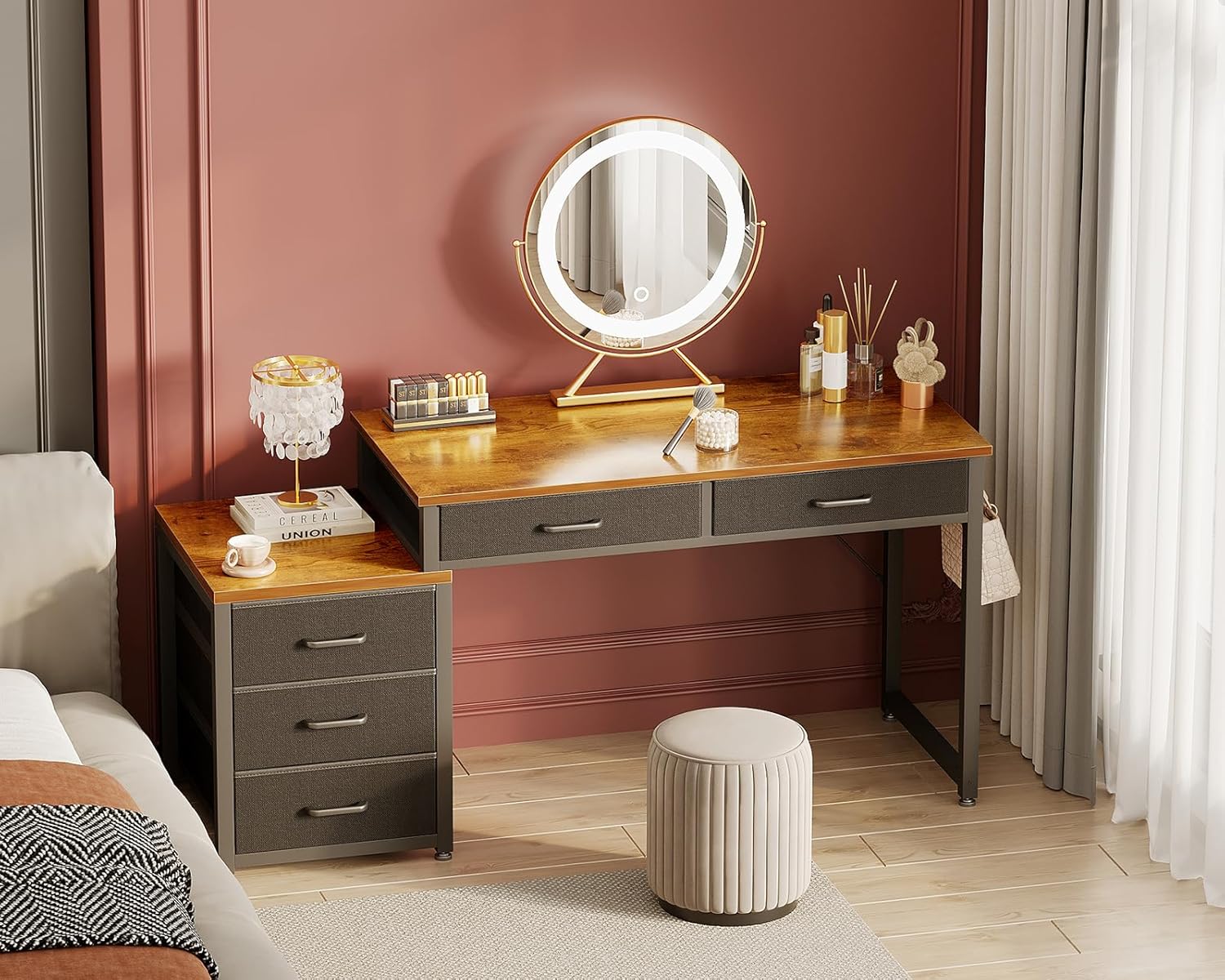 odk computer desk with 5 drawers, 53 inch office desk with printer shelf, reversible work desk for home office, writing table desk with headphone hook for storage, rustic brown