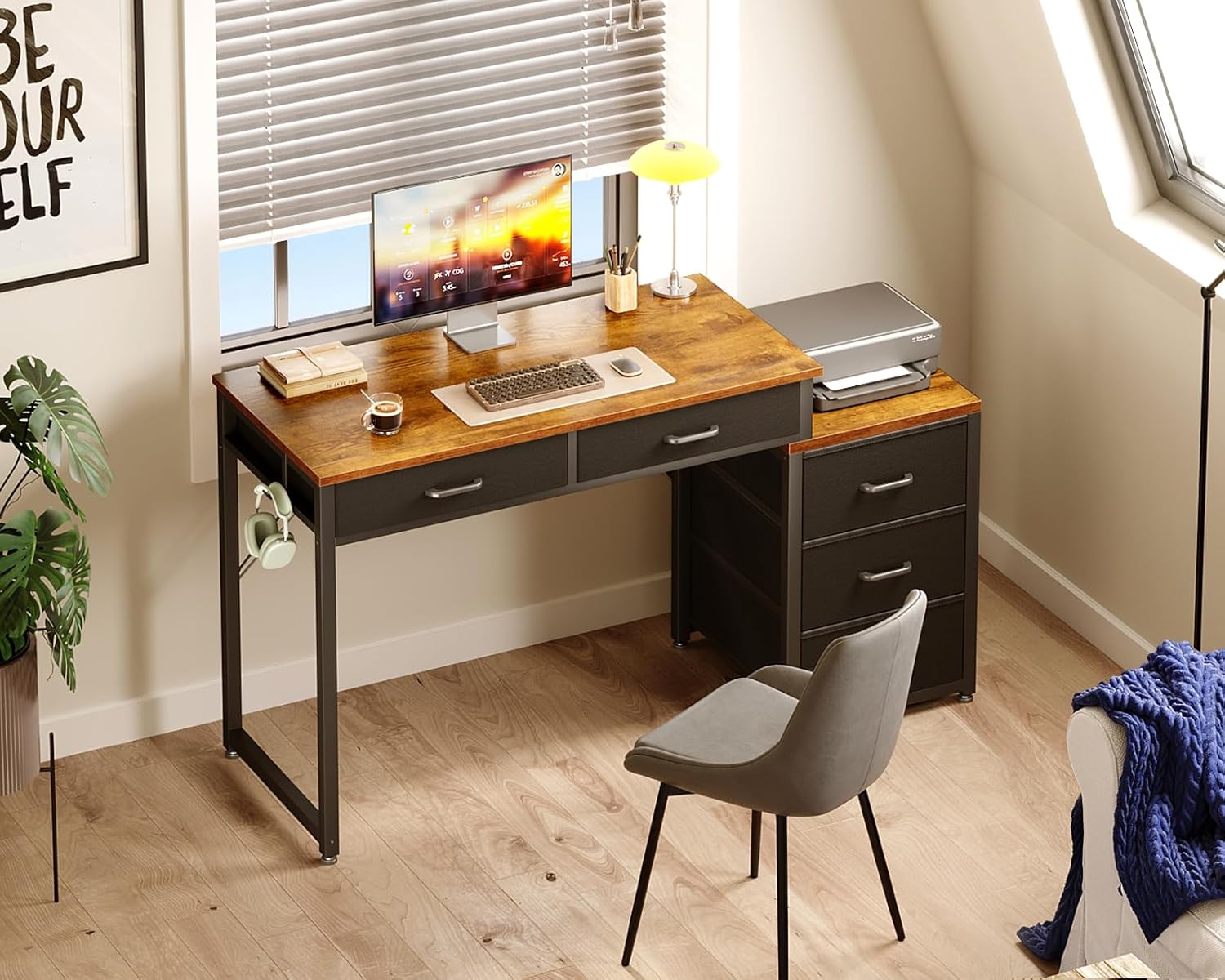 odk computer desk with 5 drawers, 53 inch office desk with printer shelf, reversible work desk for home office, writing table desk with headphone hook for storage, rustic brown