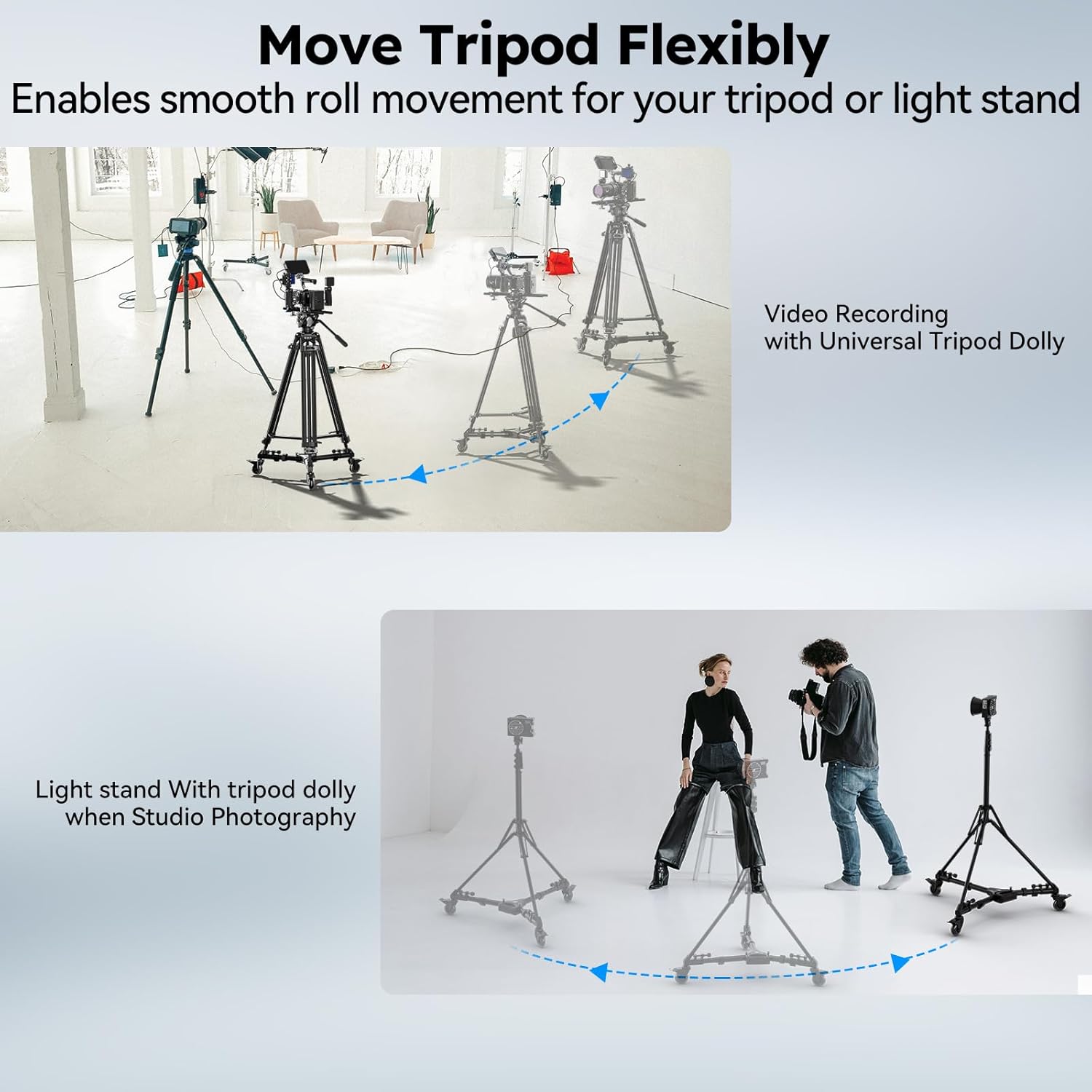 sirui photography tripod dolly, heavy duty universal tripod wheels with 3" rubber wheel, adjustable legs, 33lbs capacity for dslr cameras camcorder photo video lighting (am df02)