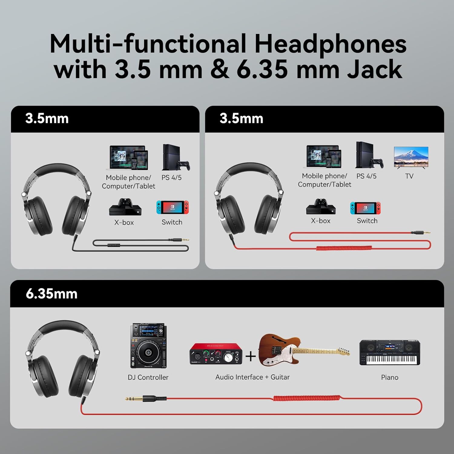 oneodio wired over ear headphones hi res studio monitor & mixing dj stereo headsets with 50mm drivers and 1/4 to 3.5mm jack for amp computer recording podcast keyboard guitar laptop black