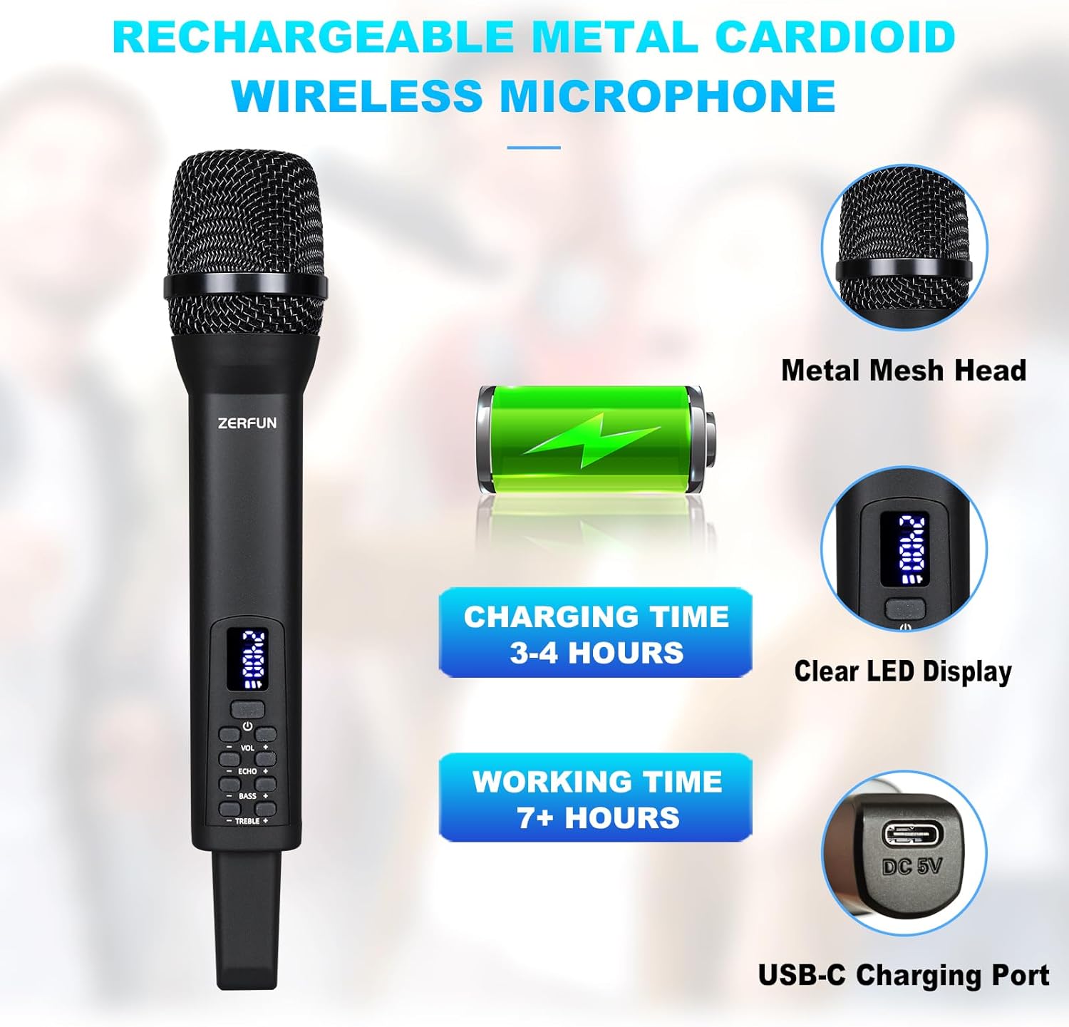 rechargeable wireless microphone, pro handheld cordless mics system dynamic with echo treble bass vol control for karaoke singing church party, 1/4'' output, d240, black