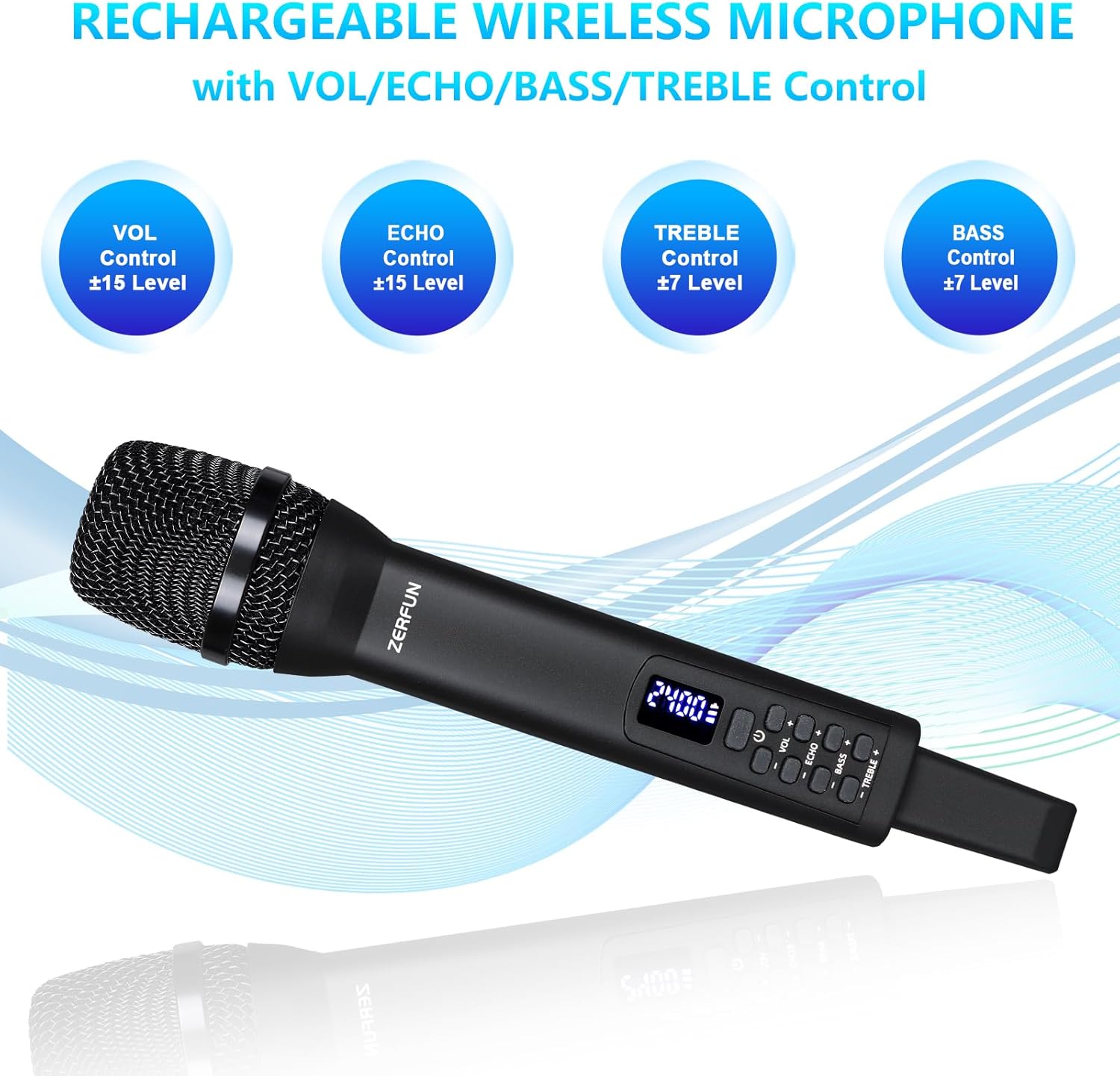 rechargeable wireless microphone, pro handheld cordless mics system dynamic with echo treble bass vol control for karaoke singing church party, 1/4'' output, d240, black