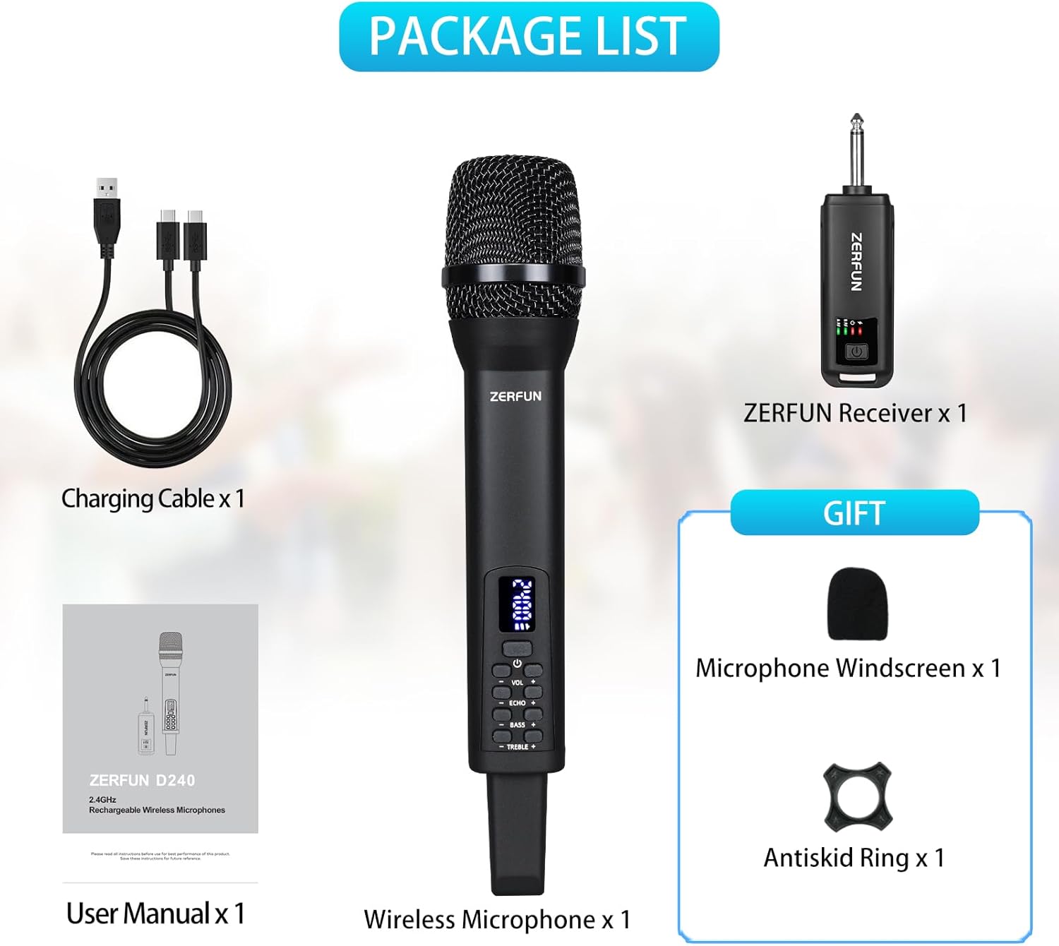 rechargeable wireless microphone, pro handheld cordless mics system dynamic with echo treble bass vol control for karaoke singing church party, 1/4'' output, d240, black