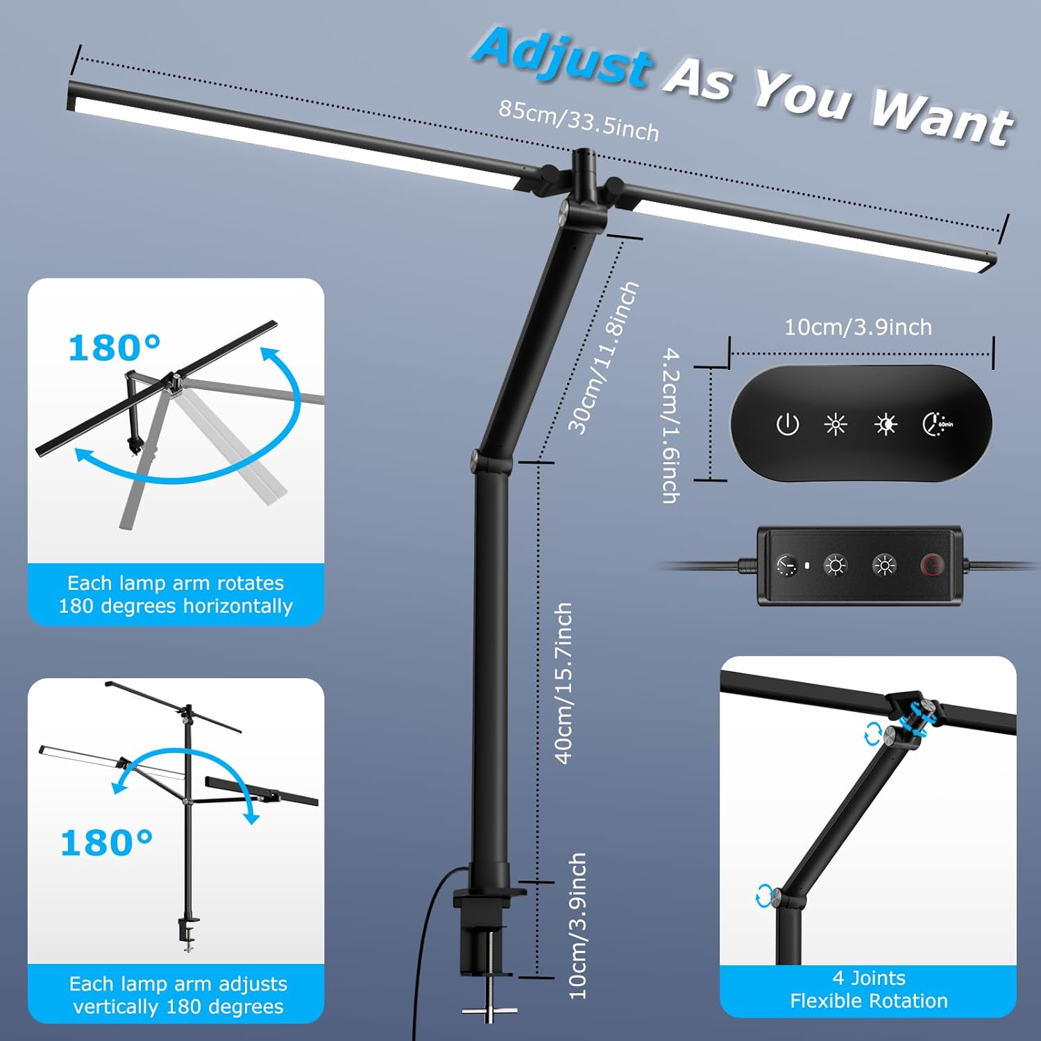 led desk lamp for home office, eye caring architect desk light with remote, dual screen computer monitor light with stepless dimming, stepless color temp, memory function for study, dark black