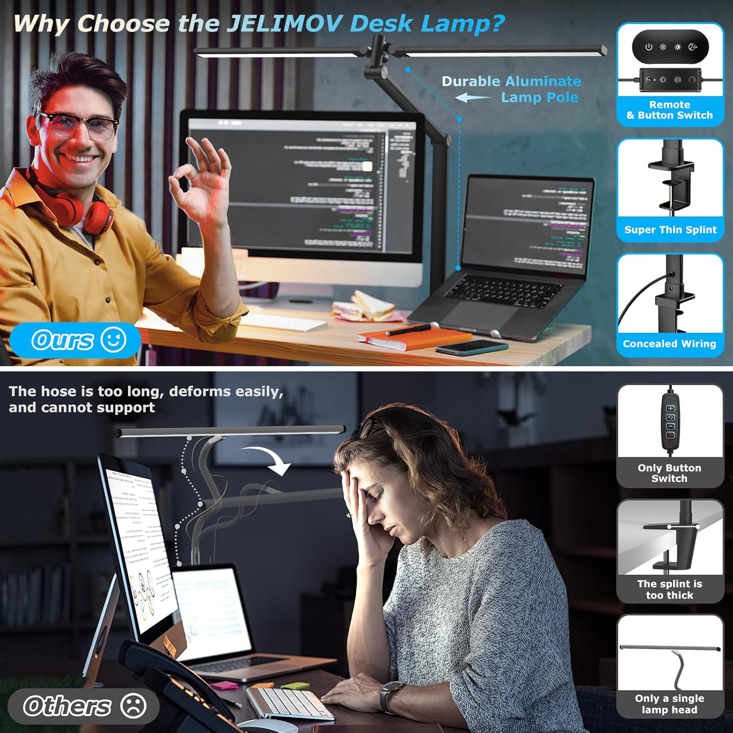 led desk lamp for home office, eye caring architect desk light with remote, dual screen computer monitor light with stepless dimming, stepless color temp, memory function for study, dark black