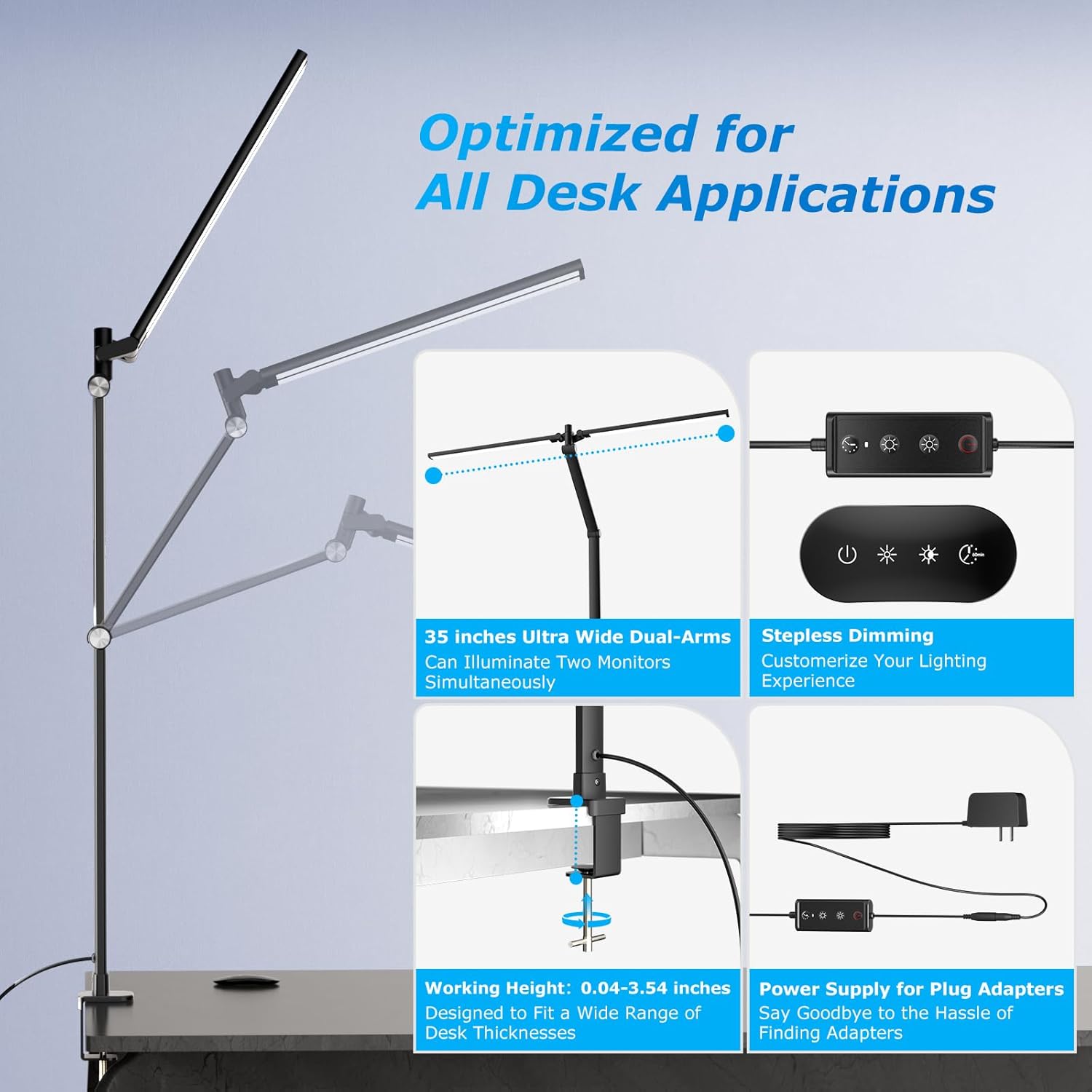 led desk lamp for home office, eye caring architect desk light with remote, dual screen computer monitor light with stepless dimming, stepless color temp, memory function for study, dark black