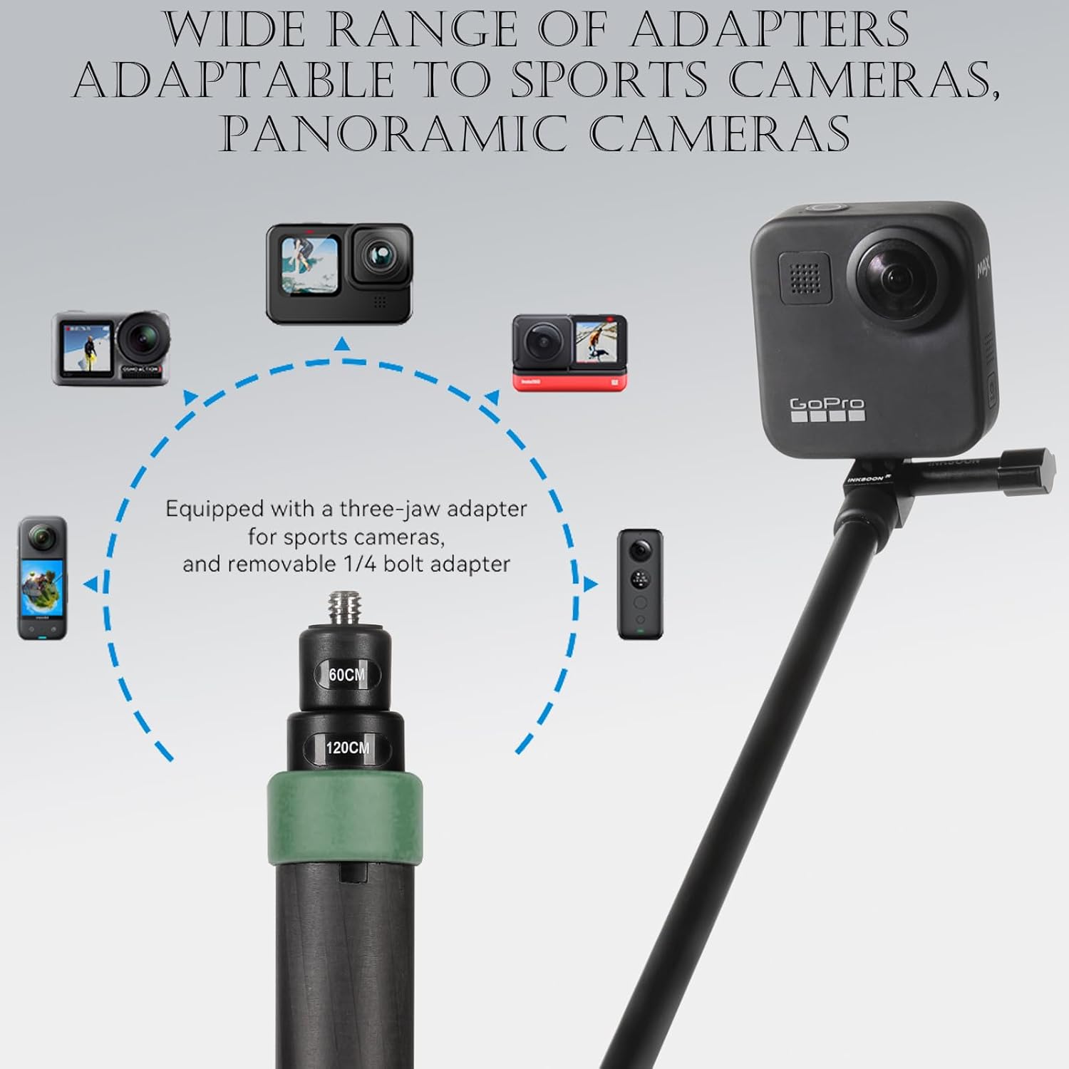 funnyfox 1.2m/3.9ft carbon fiber extended invisible selfie stick for insta360 x5/x4/x3/x2,r,rs,x,one,go 2, for gopro max of action camera