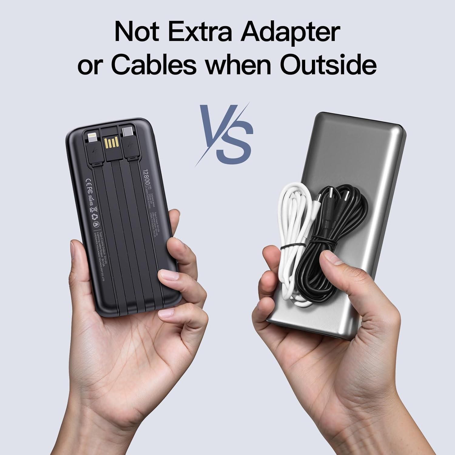 2025 2 pack 12800mah portable charger with built in cables, travel essential battery pack, 4 outputs 2 inputs slim power bank with cord wires for iphone 16/15/14, samsung galaxy s23/22, pixel etc