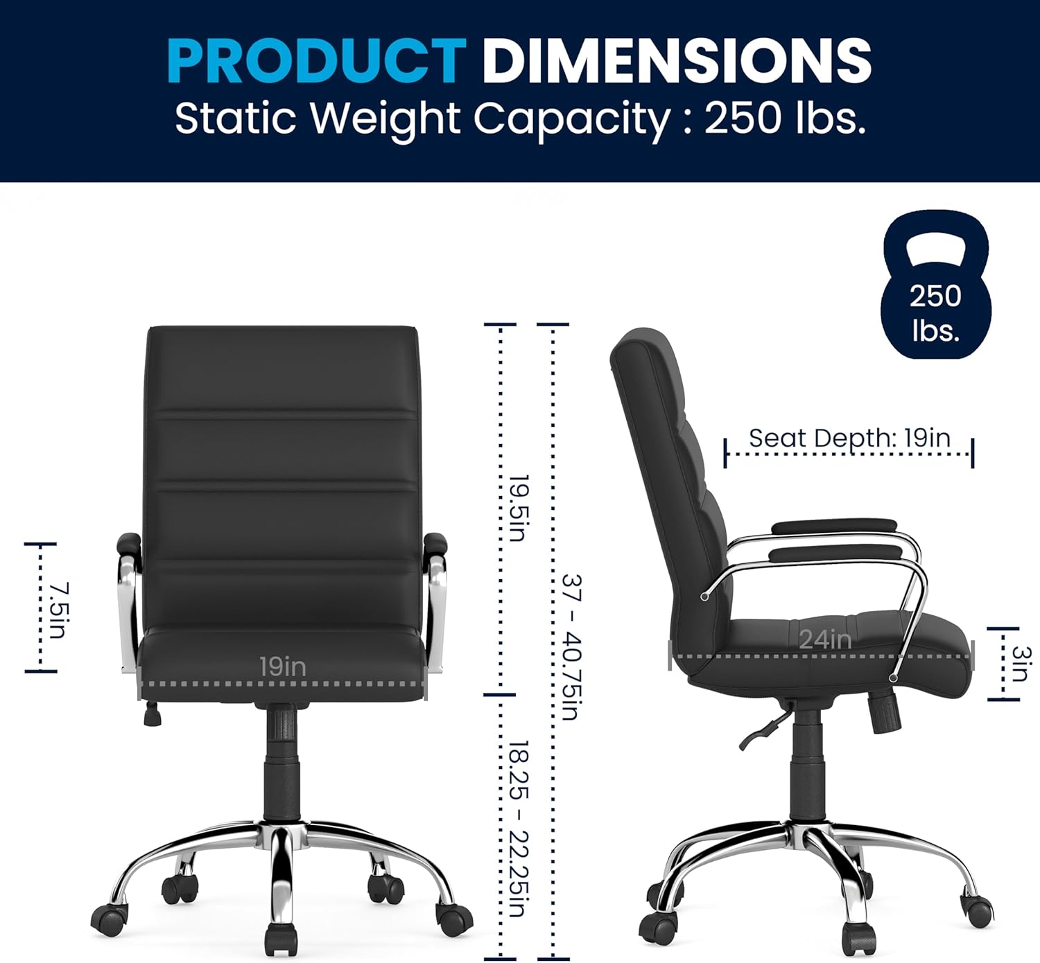 flash furniture whitney mid back swivel leathersoft desk chair with padded seat and armrests, adjustable height padded office chair, black
