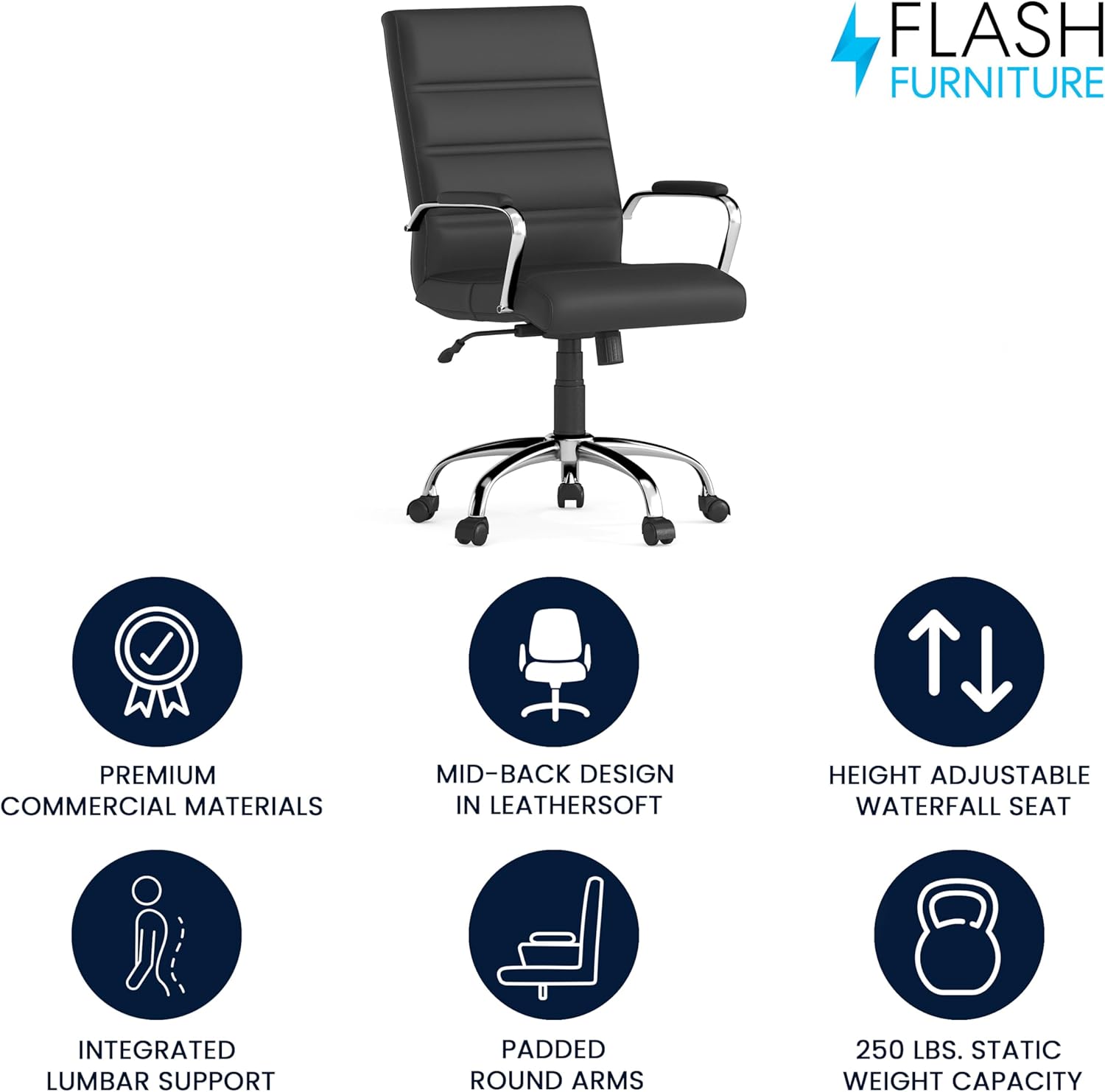 flash furniture whitney mid back swivel leathersoft desk chair with padded seat and armrests, adjustable height padded office chair, black