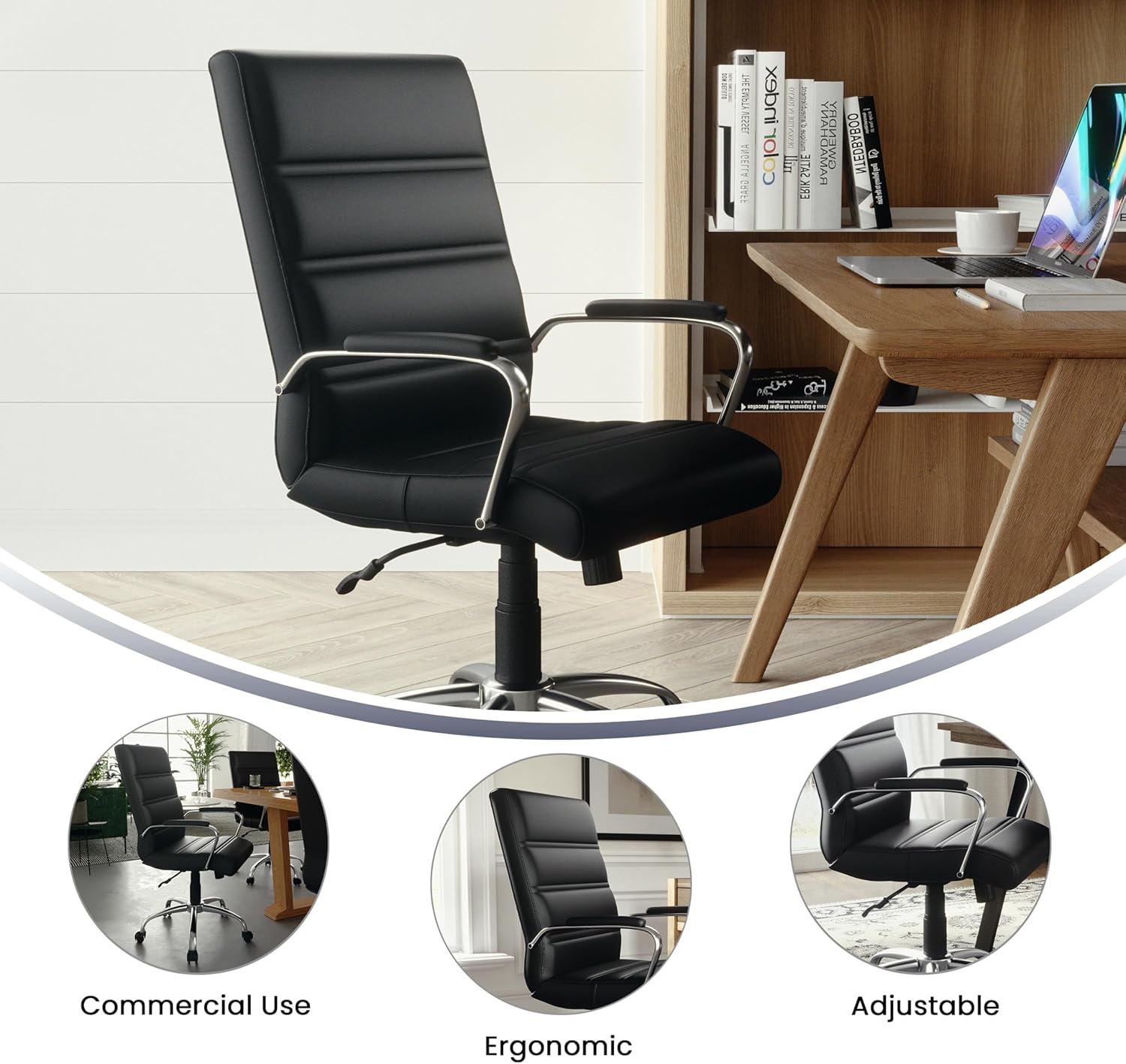 flash furniture whitney mid back swivel leathersoft desk chair with padded seat and armrests, adjustable height padded office chair, black