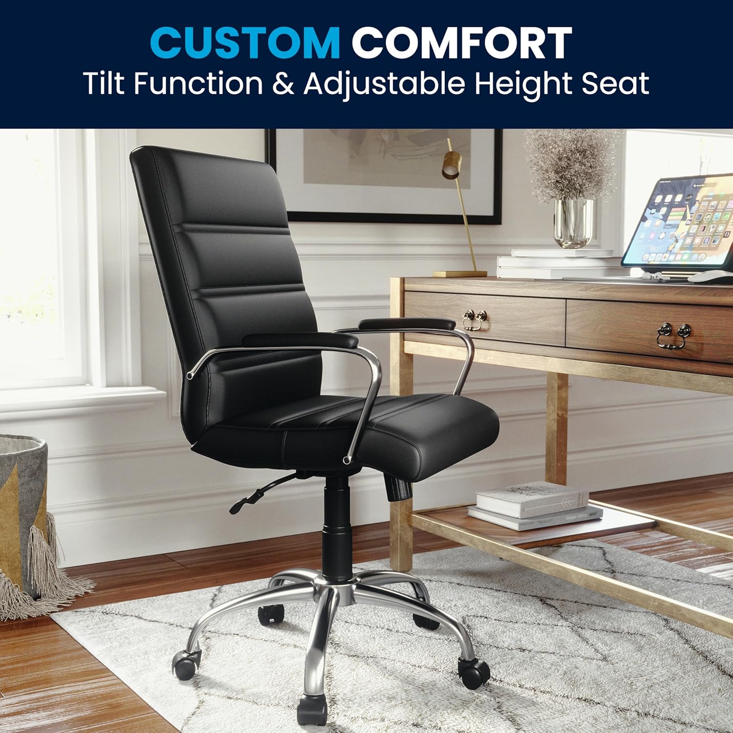 flash furniture whitney mid back swivel leathersoft desk chair with padded seat and armrests, adjustable height padded office chair, black