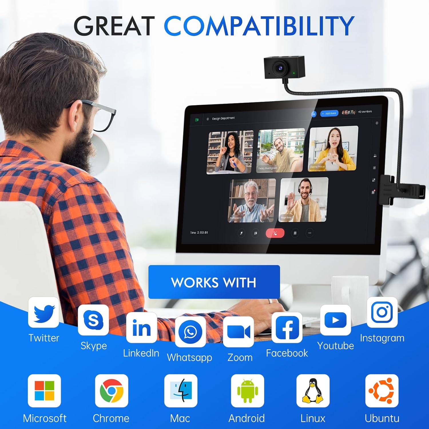 eye contact webcam with microphone for pc, 1080p center cam for mac, 95°fov middle screen center cam, usb computer camera plug&play, for desktop computer facetime compatible with macos&windows (black)