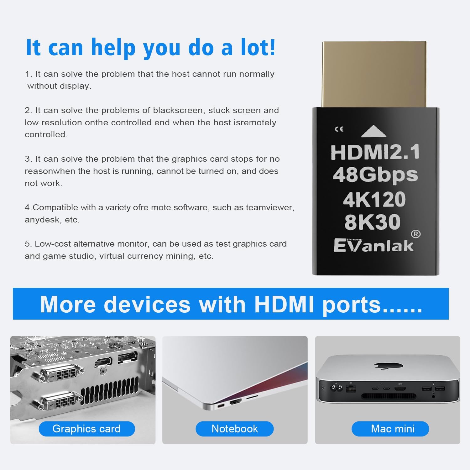 4k 120hz hdmi 2.1 dummy plug edid headless – high resolution virtual display emulator for pc, vr headsets cryptocurrency mining | supports 8k @30hz, headless ghost display adapter 3p