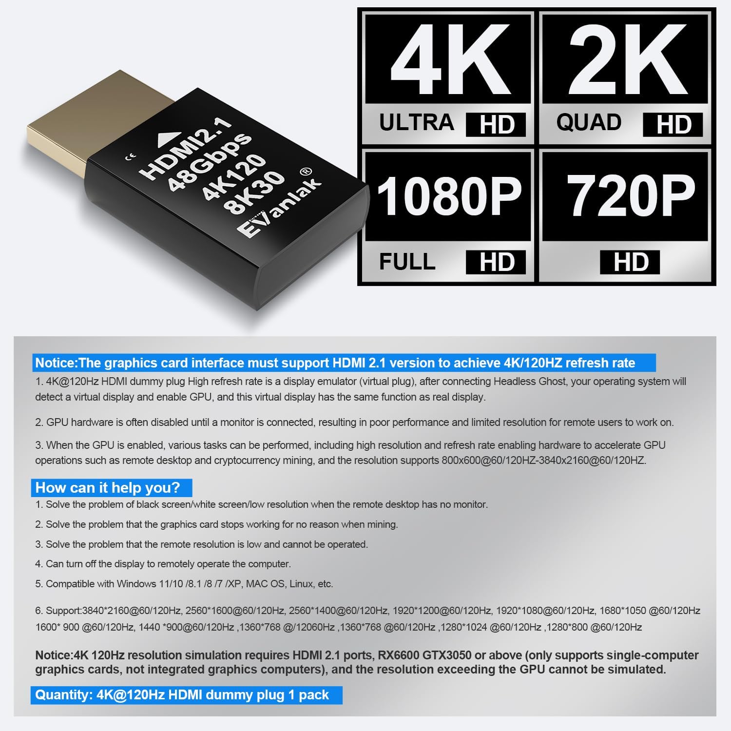 4k 120hz hdmi 2.1 dummy plug edid headless – high resolution virtual display emulator for pc, vr headsets cryptocurrency mining | supports 8k @30hz, headless ghost display adapter 3p