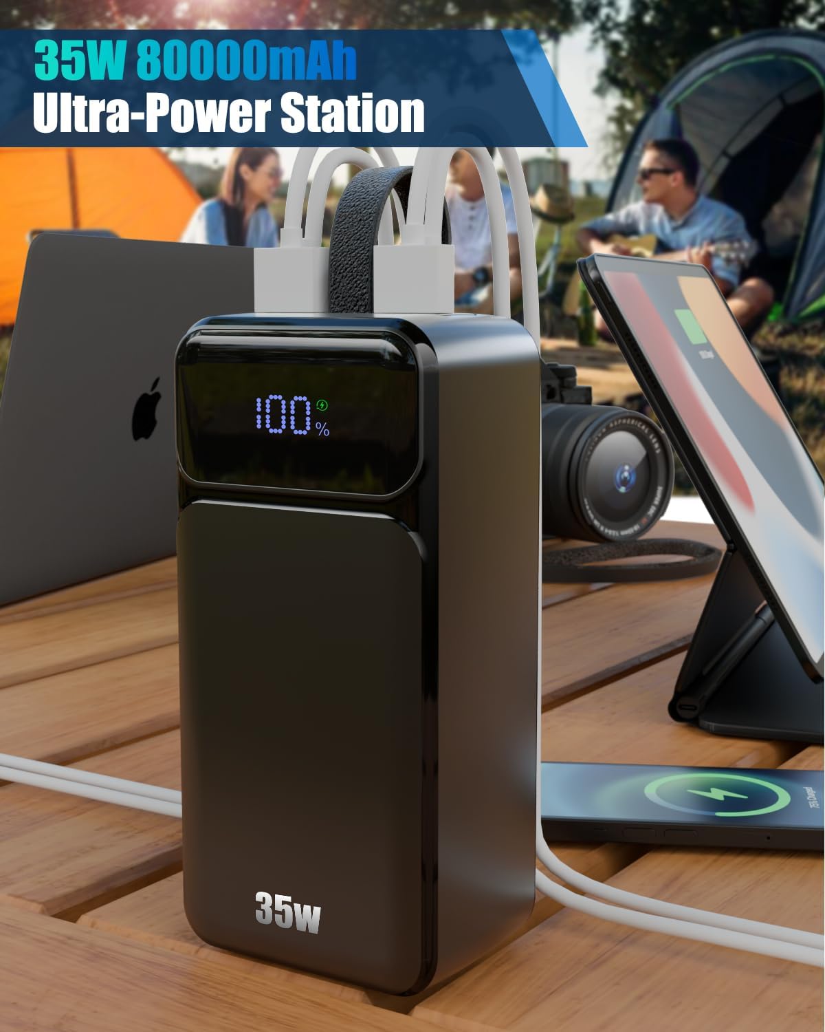 80000mah power bank, 35w fast charging portable charger built in 3 cables with 7 ports, high capacity external battery pack for iphone,galaxy,steam deck, camping travel essentials