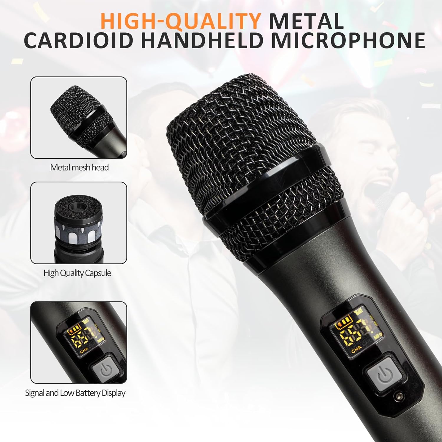 soundgeek wireless microphone uhf metal dual handheld mic with rechargeable receiver 200ft range, microphone for singing, karaoke, church, speech, wedding, party singing (1 mics, gray)