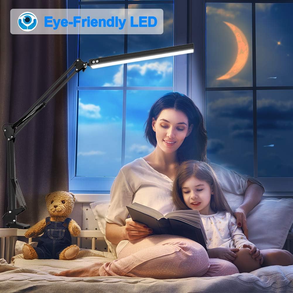 led desk lamp for home,office,reading,adjustable eye caring desk light with clamp,swing arm lamp includes 3 color modes,10 brightness levels table lamps with memory function
