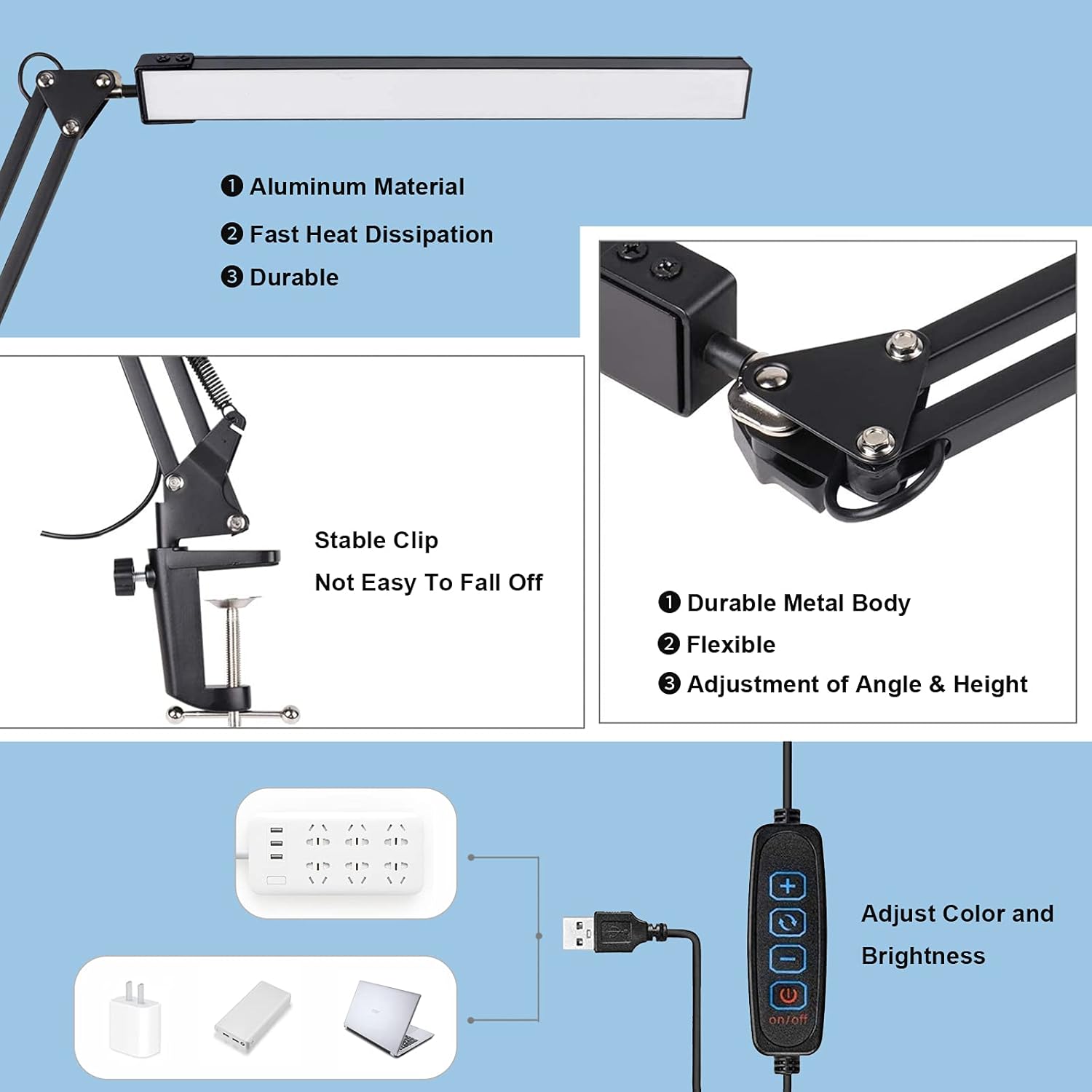 led desk lamp for home,office,reading,adjustable eye caring desk light with clamp,swing arm lamp includes 3 color modes,10 brightness levels table lamps with memory function