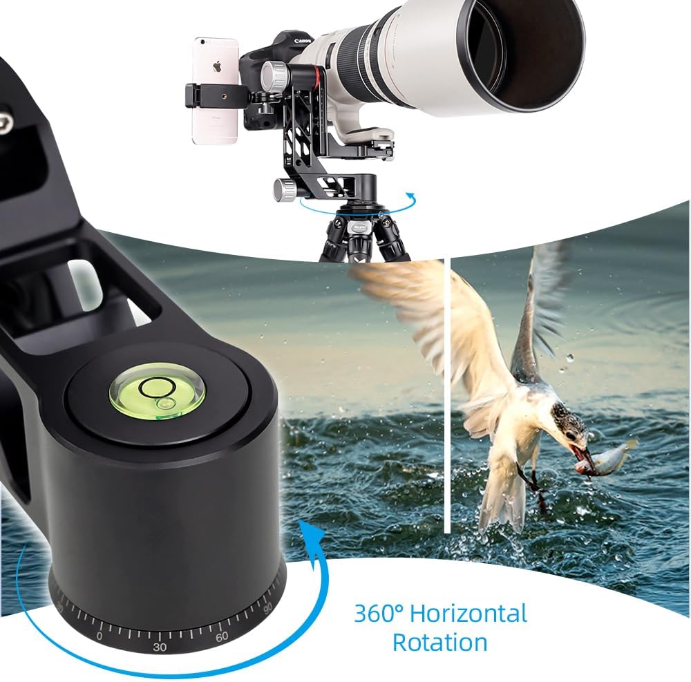 professional heavy duty tripod head with 360° panorama, arca swiss 1/4" qr plate and bubble level supports 25kg tripod camera photography for dslr cameras and telephoto lenses