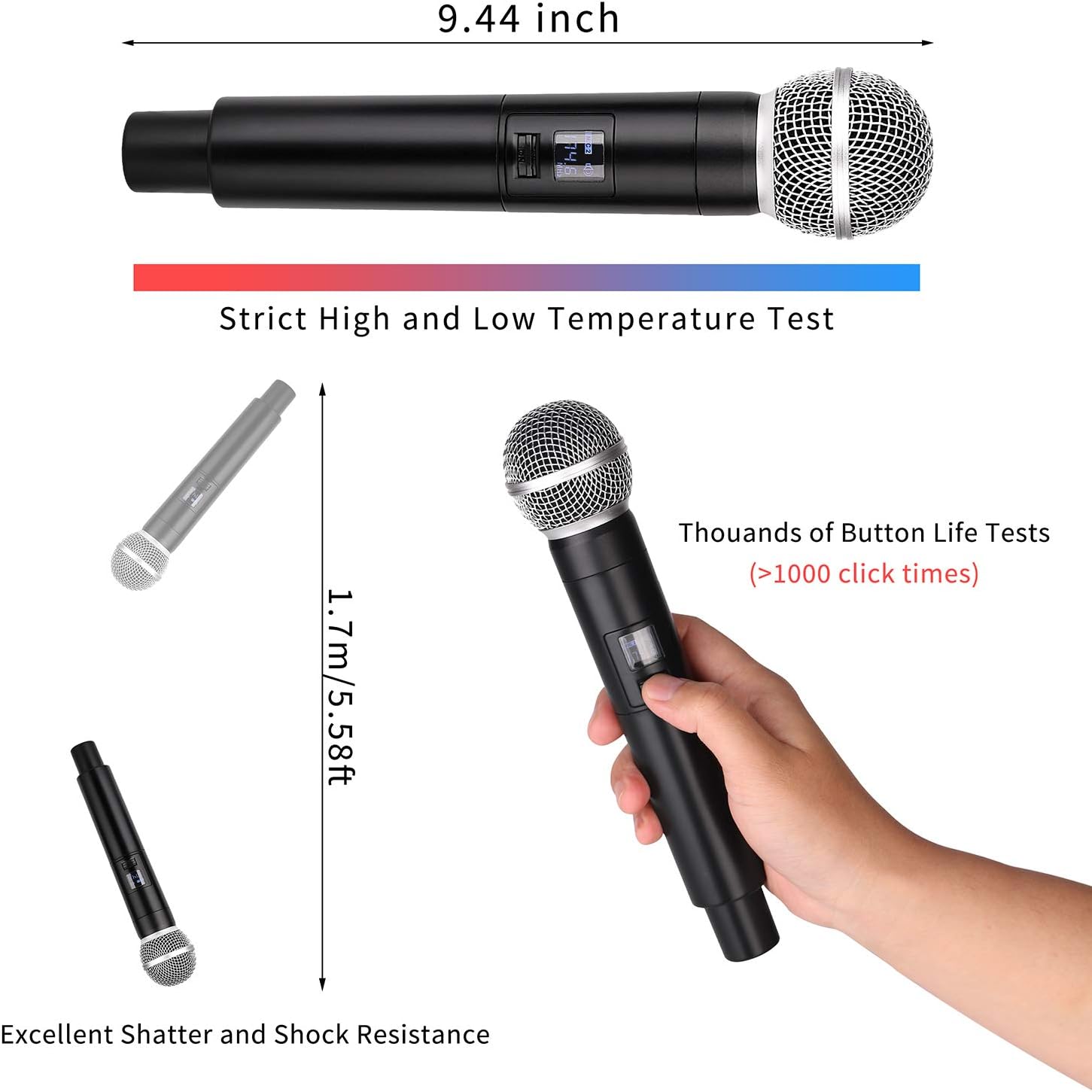 microcking wireless microphone system dynamic handheld microphones,150 ft operating range,16 hours continuous use,ideal for karaoke, party, dj, church, wedding, indoor/outdoor activities