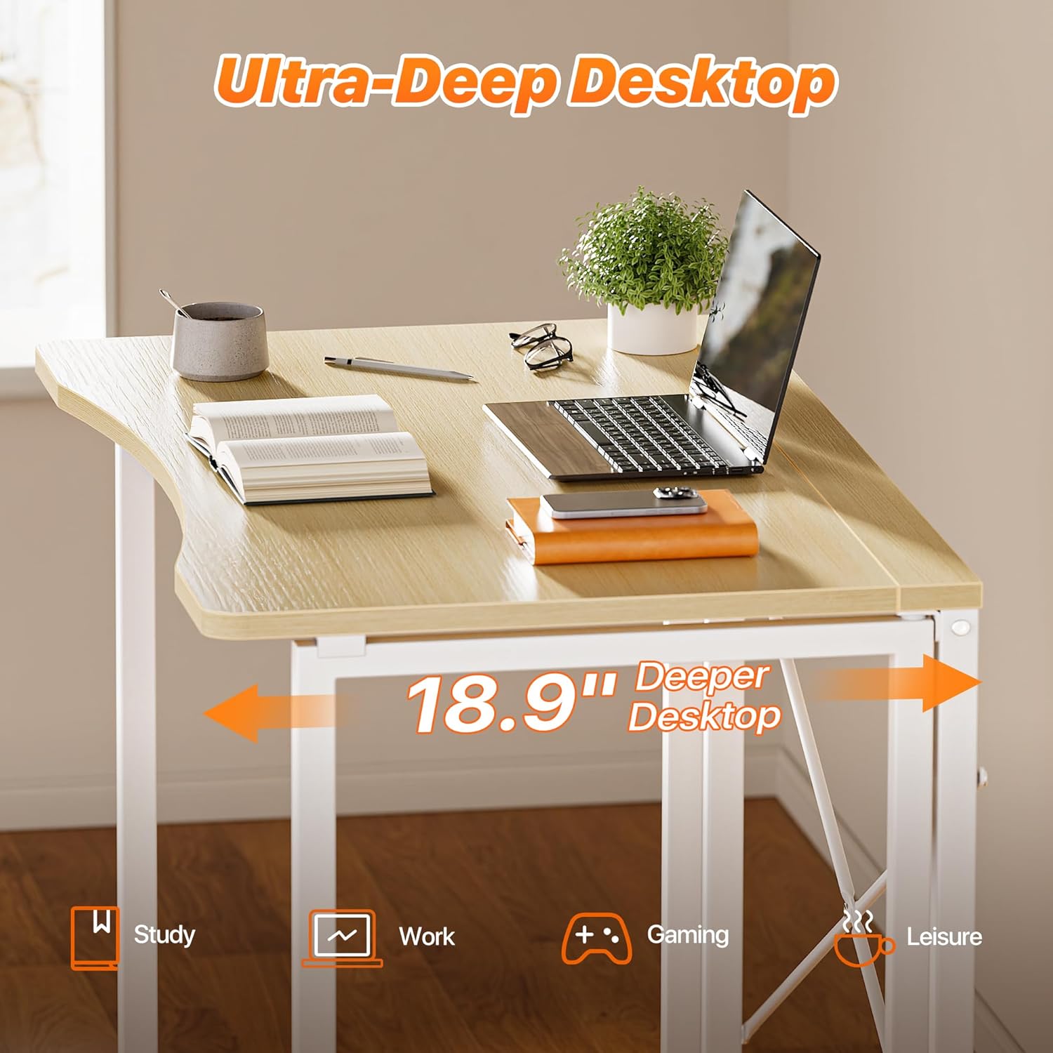 huuger folding desk for small spaces, 31.5 inch foldable computer table, for home office, study, bedroom, dorm, space saving, small writing work office computer desk, easy to fold, oak