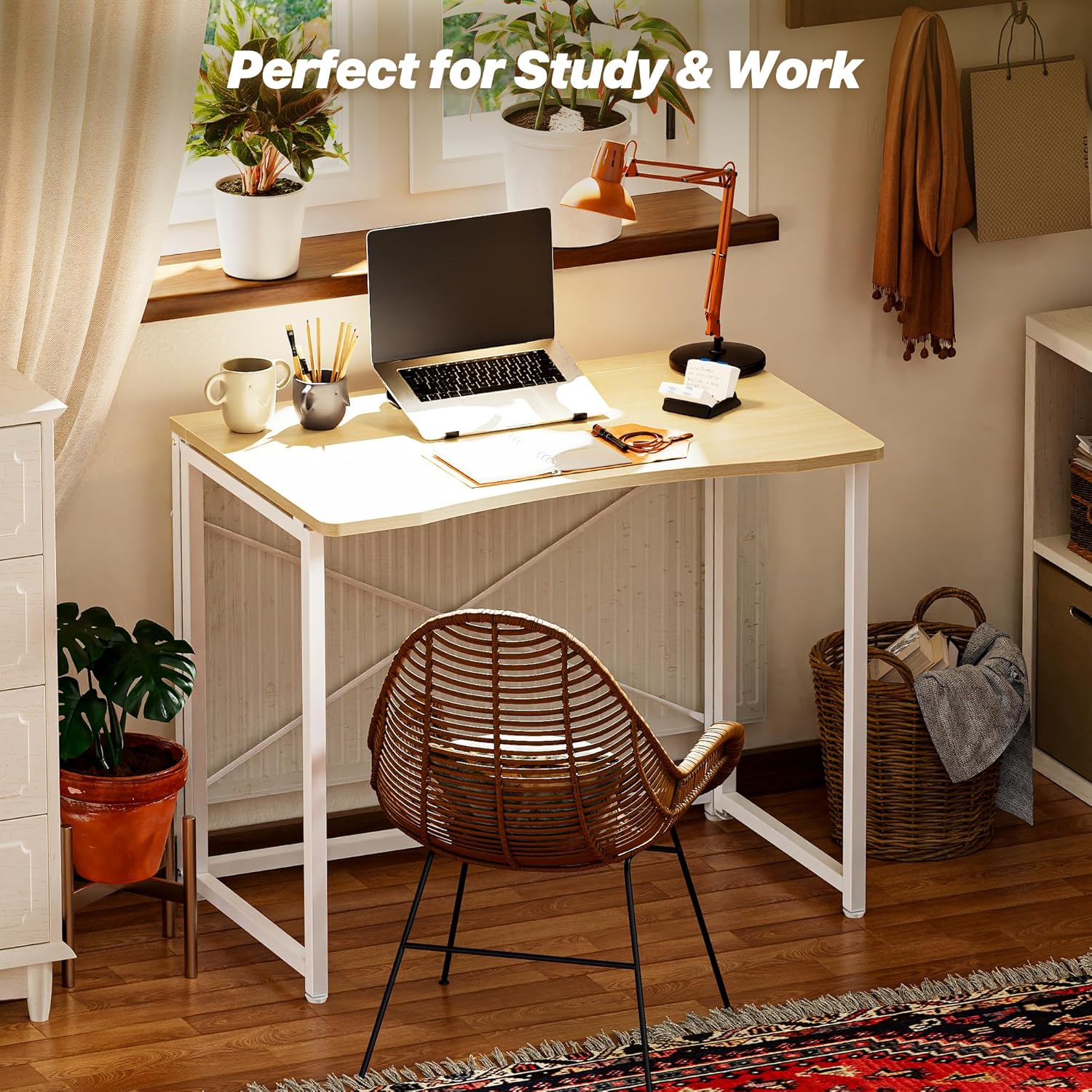huuger folding desk for small spaces, 31.5 inch foldable computer table, for home office, study, bedroom, dorm, space saving, small writing work office computer desk, easy to fold, oak