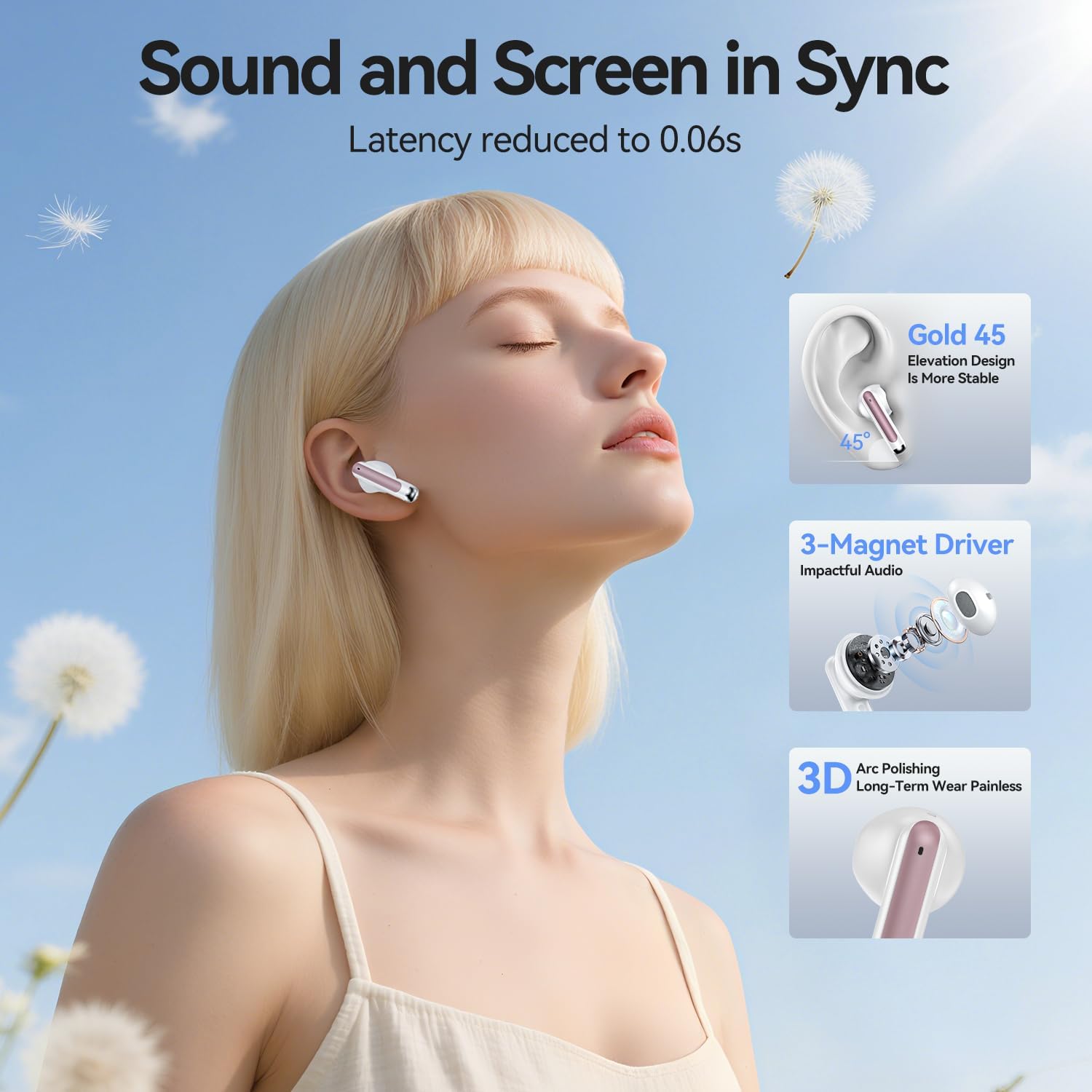 wireless earbuds, 2025 bluetooth 5.3 headphones hifi stereo 50h playback ear buds with led digital display, enc noise cancelling earbuds for laptop computer, ios, android, rose gold